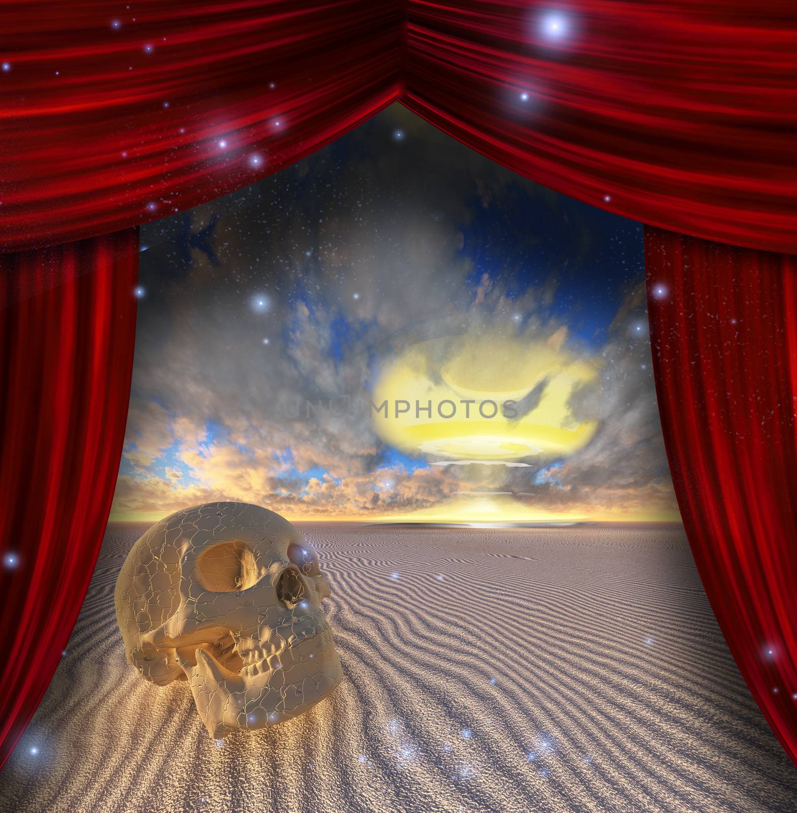 Nuclear explosion. Human skull in desert