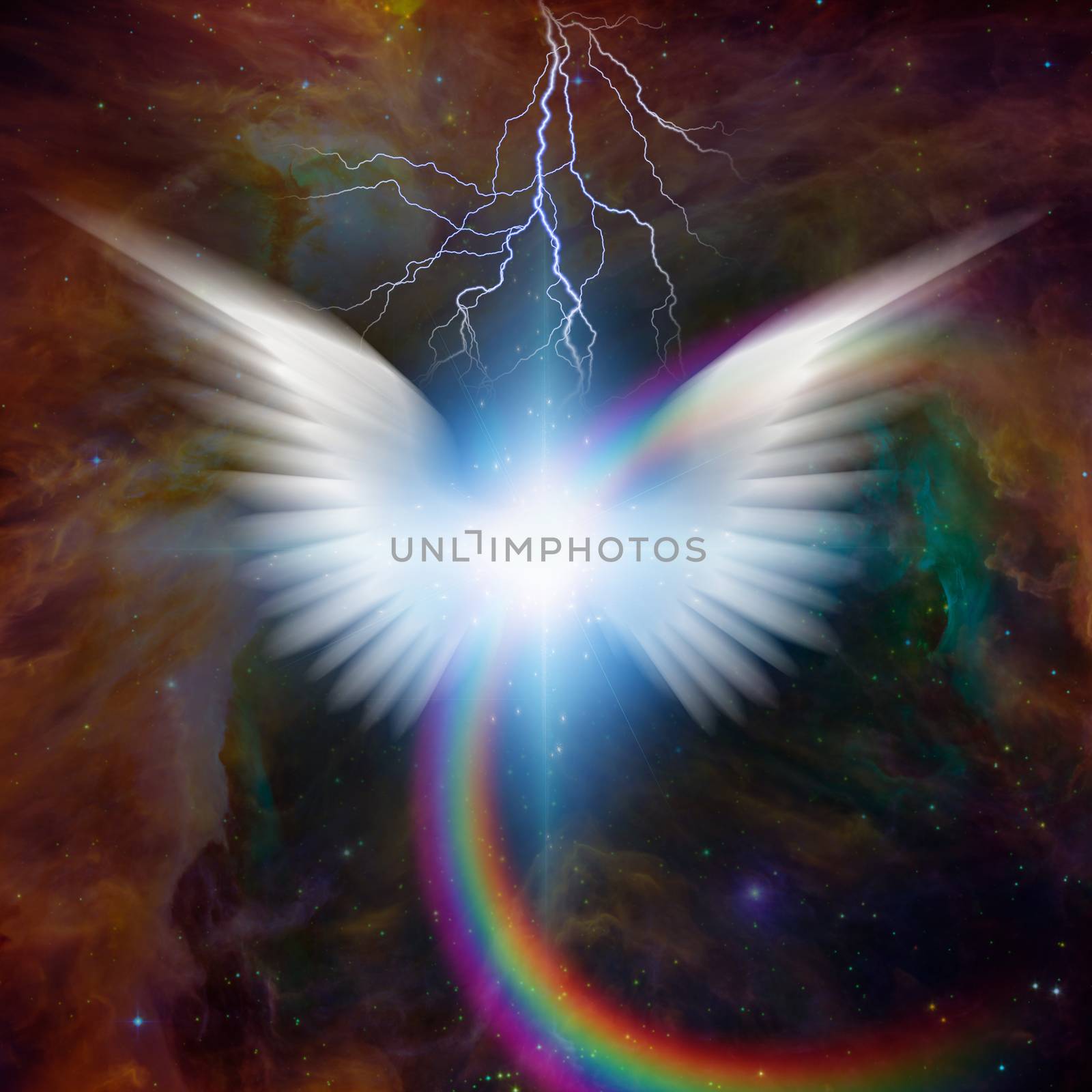 Surreal digital art. Bright star with white angel's wings. Rainbow and lightning