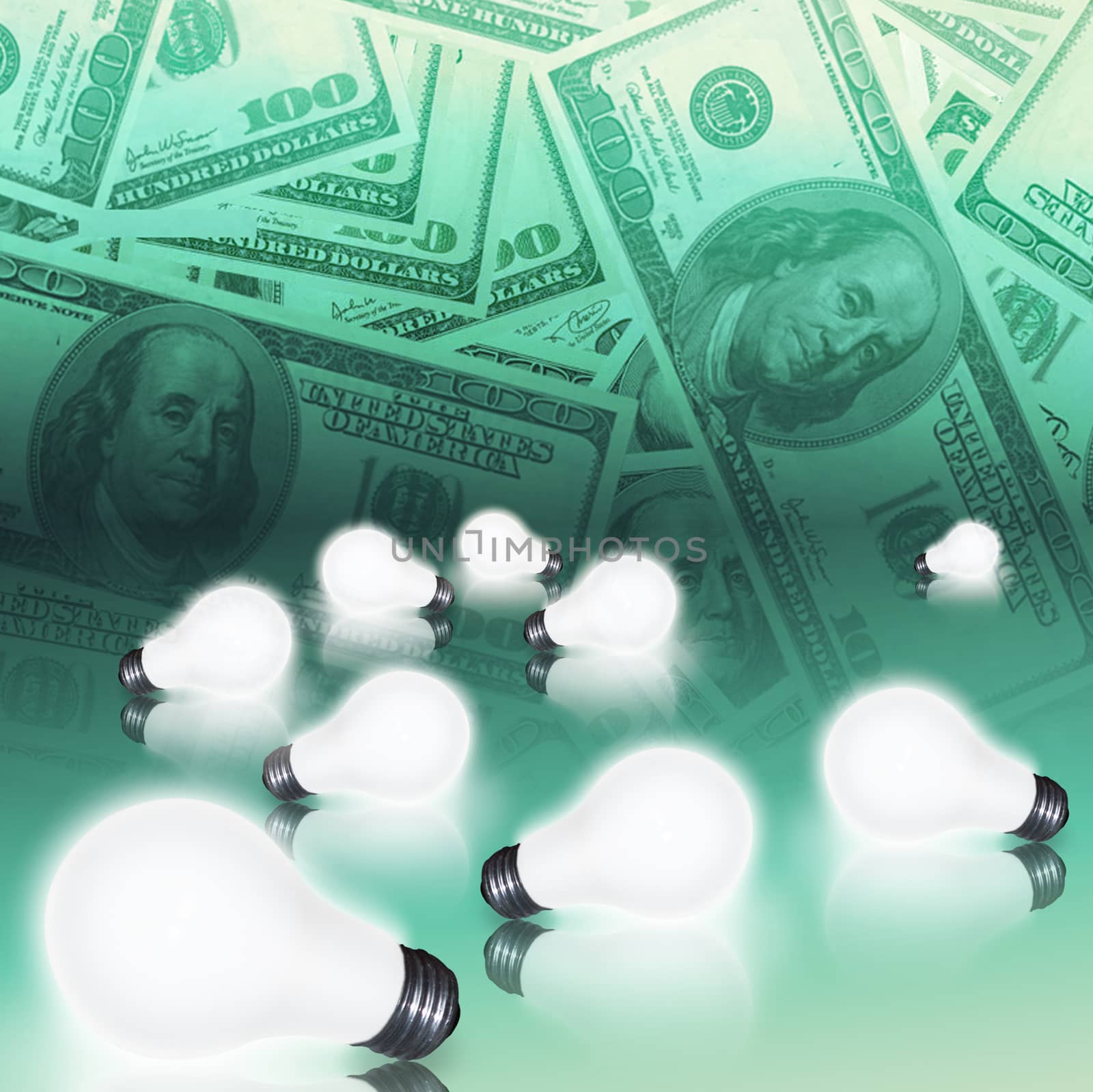 Symbolic composition. Money light bulbs represents business ideas