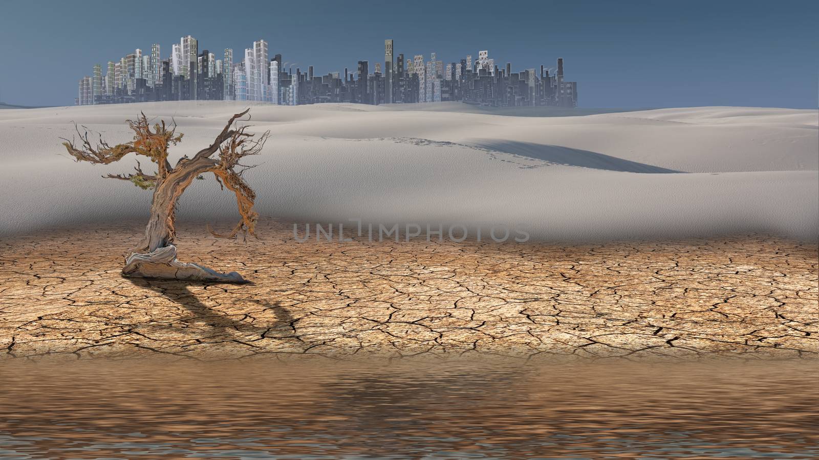 City in desert distance with water