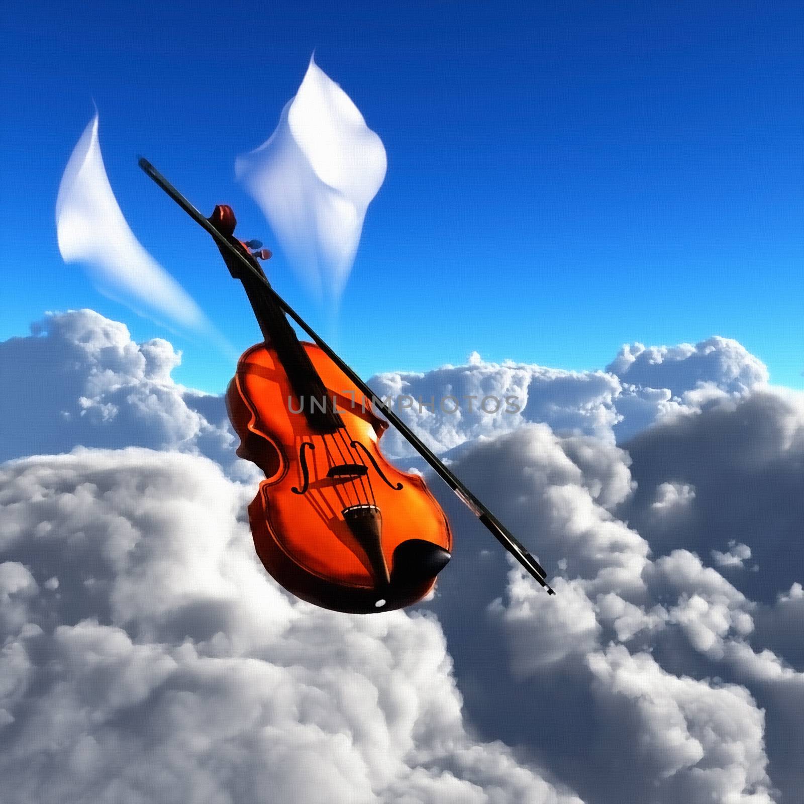 Violin and white flowers in clouds