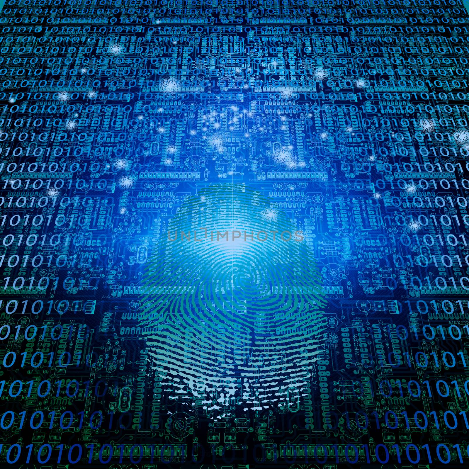 Binary code, fingerprint and electronic board. Modern world