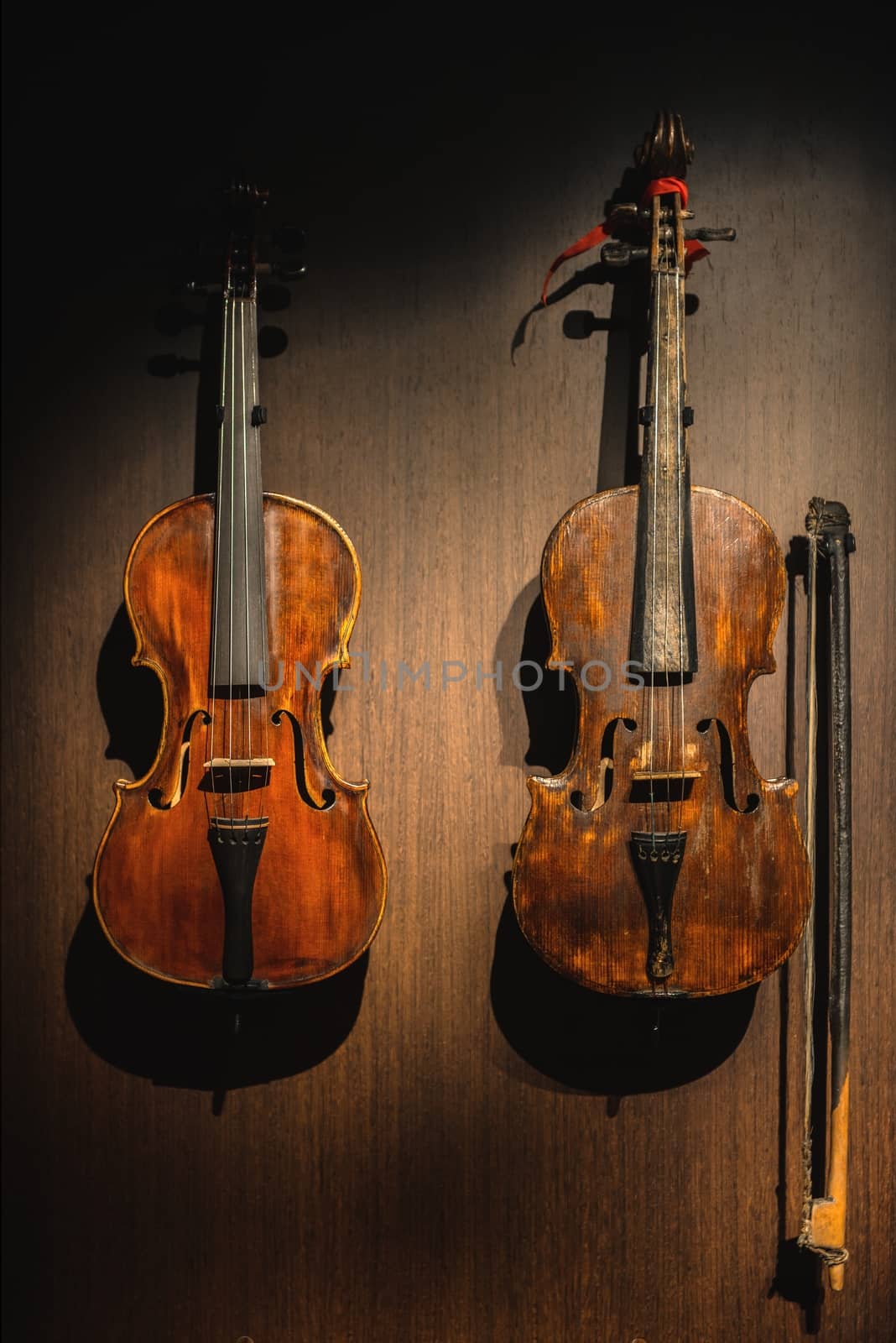 Closeup photo of an aged musical instrument violin