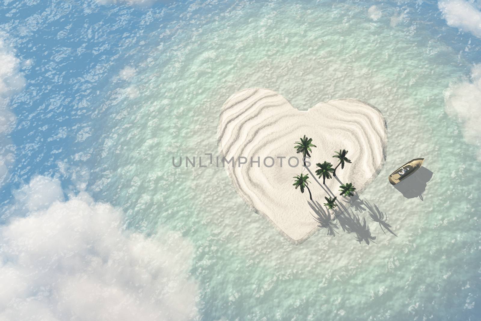 Heart shaped tropical island with Boat
