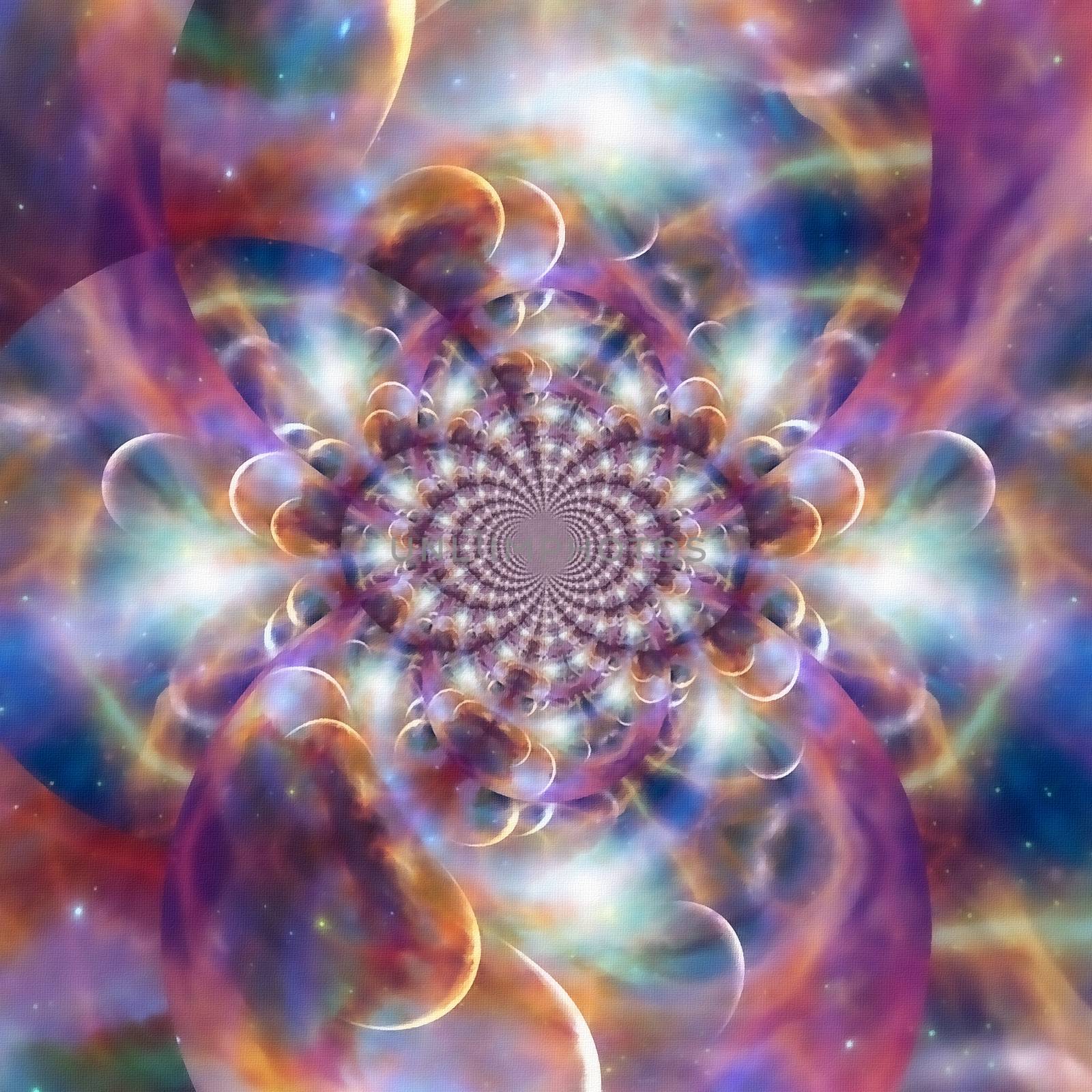 Mirrored round fractal with vivid planets in space by applesstock