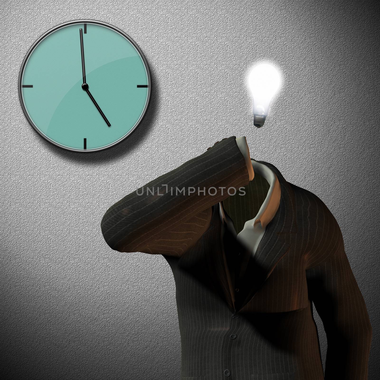 Business concept. Five o'clock. Empty suit and light bulb
