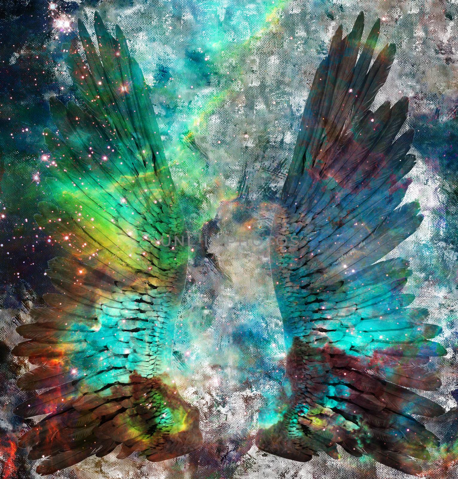 The wings in vivid space. Digital canvas painting