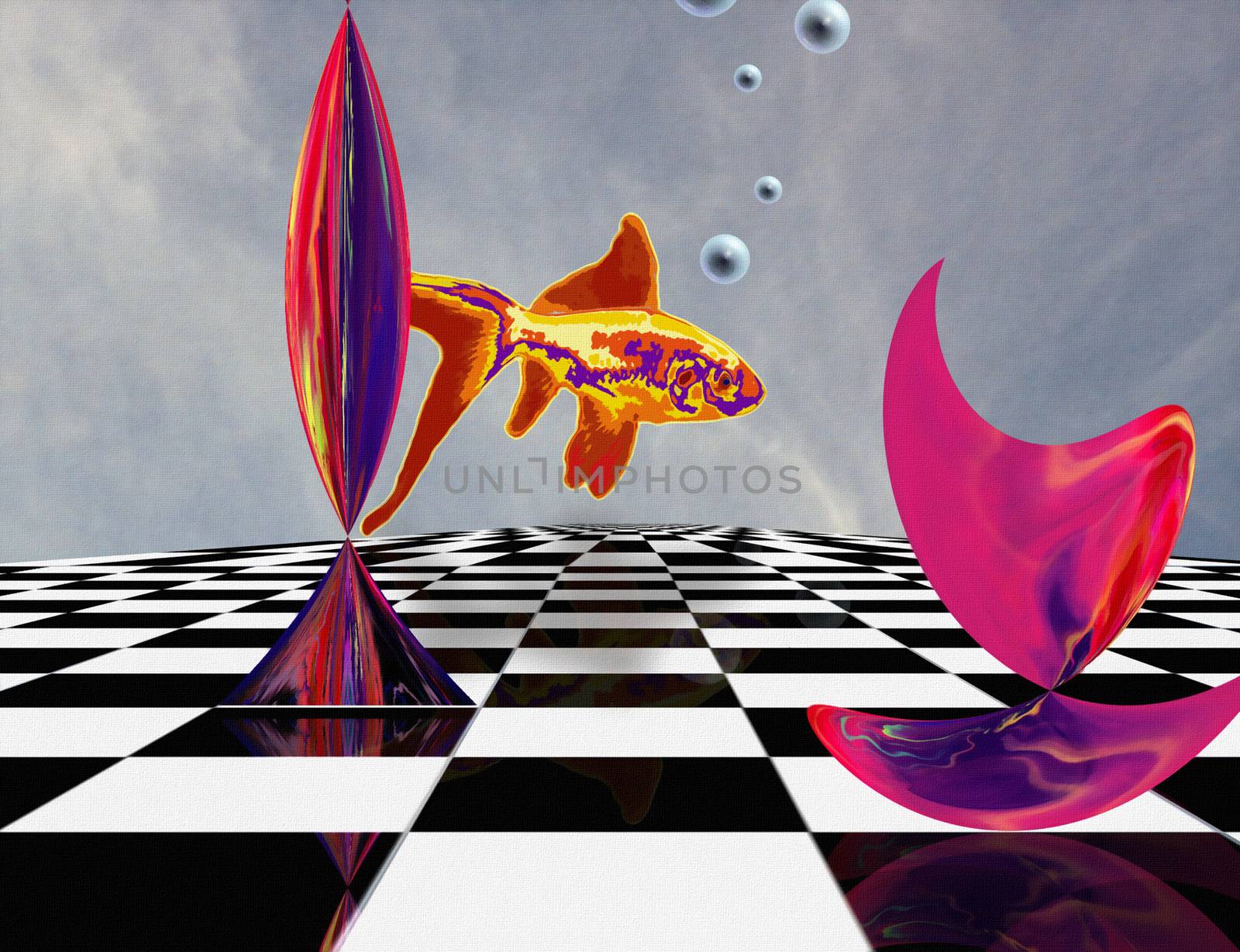 Surreal composition. Pink matter and golden fish on chessboard