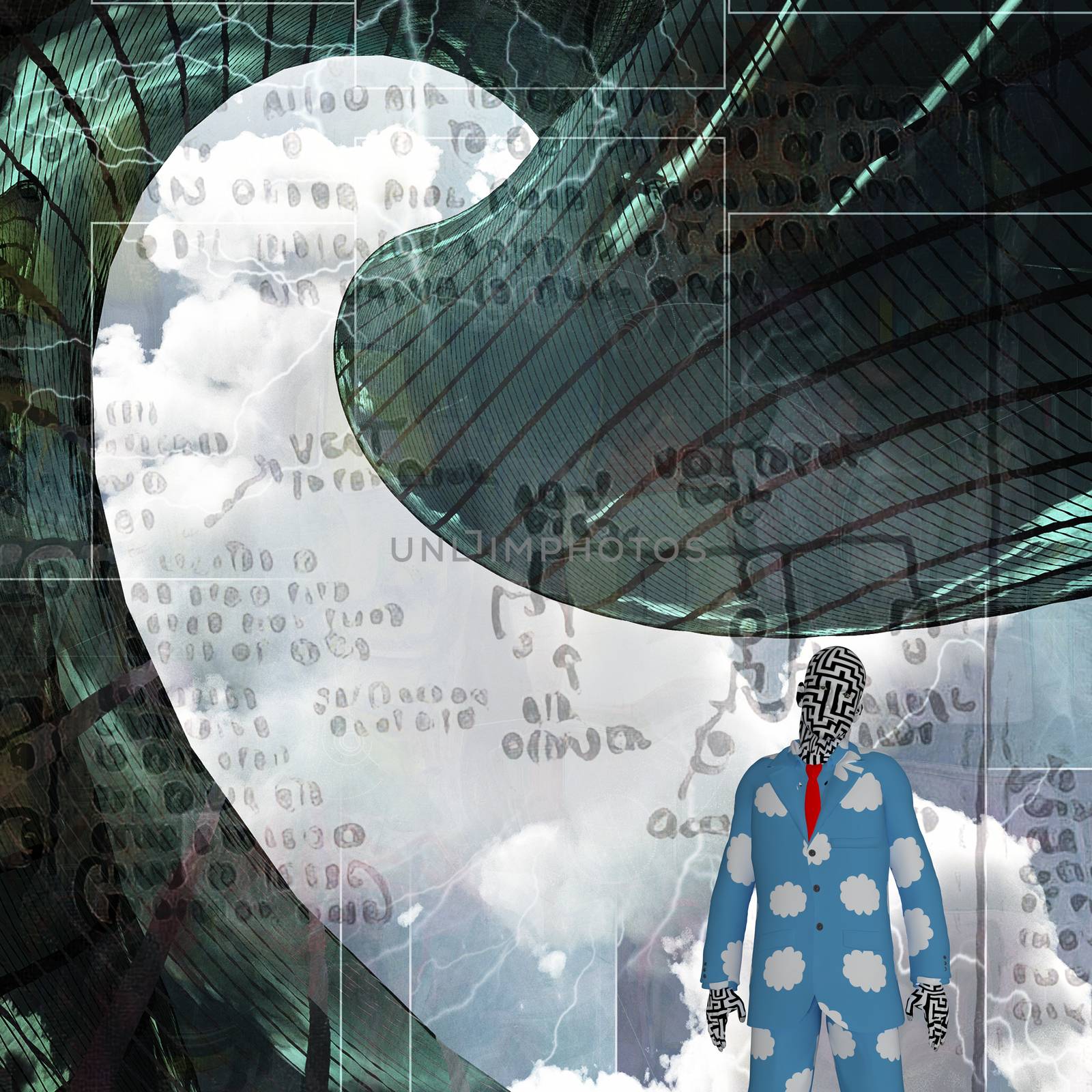 Weird dreams. Man in pajama. Mystic symbols