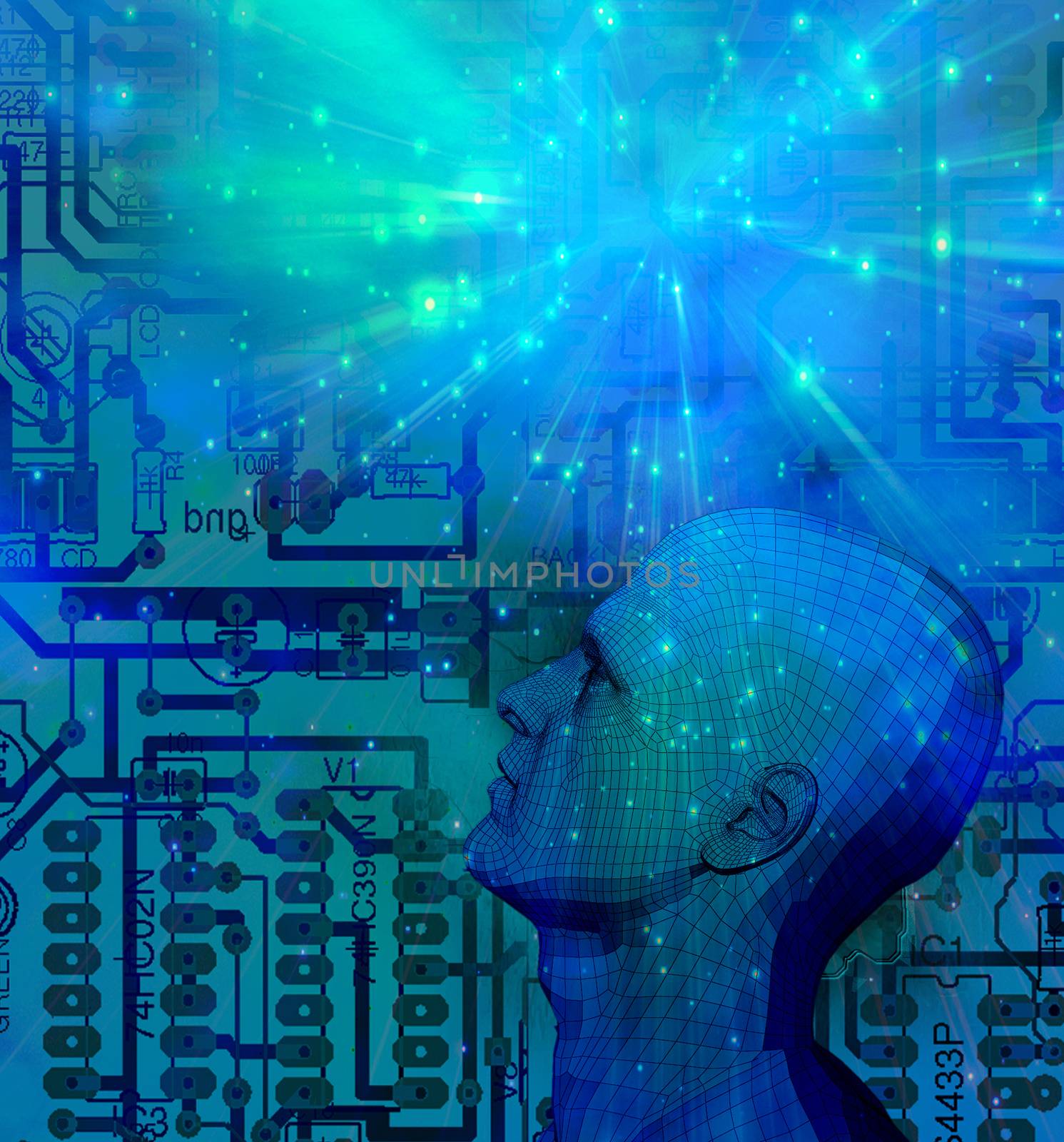 Mind Technology. Droid on electronic circuit background