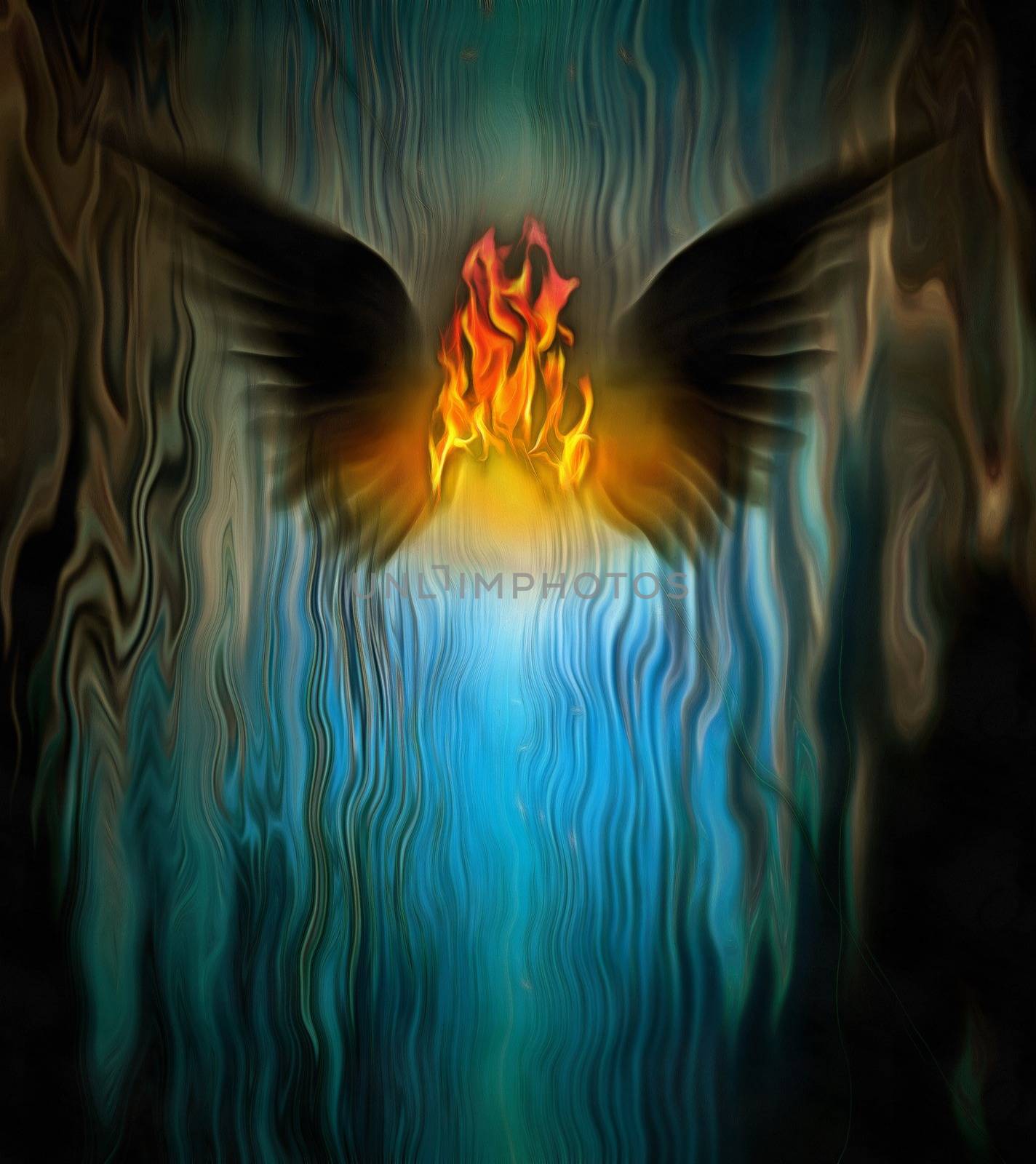 Surrealism. Fire between black wings.