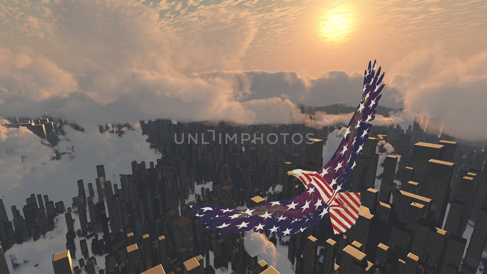 Eagle flies above futuristic megalopolis. Bird of freedom. 3D rendering