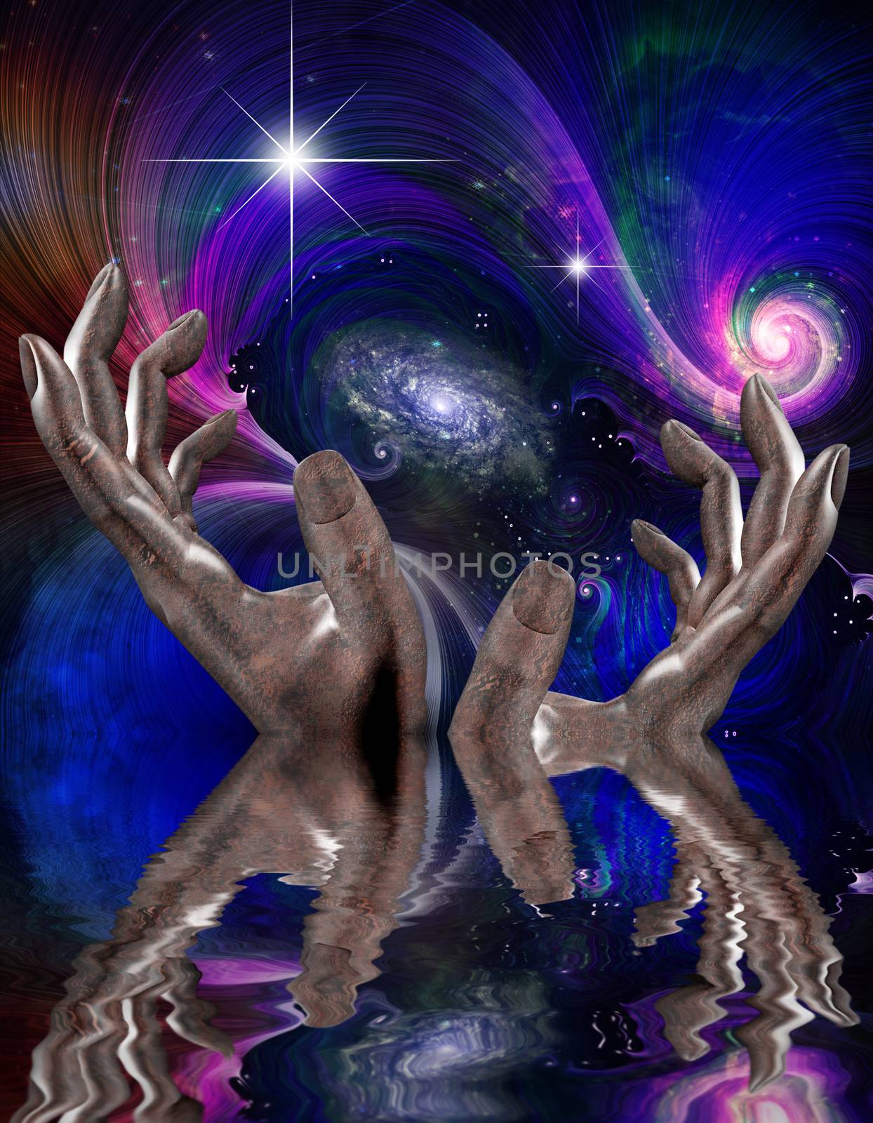 Hands reach toward heavens. Universal Power