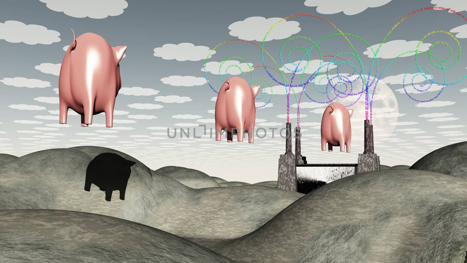 Surreal art. Factory and Flying Pigs