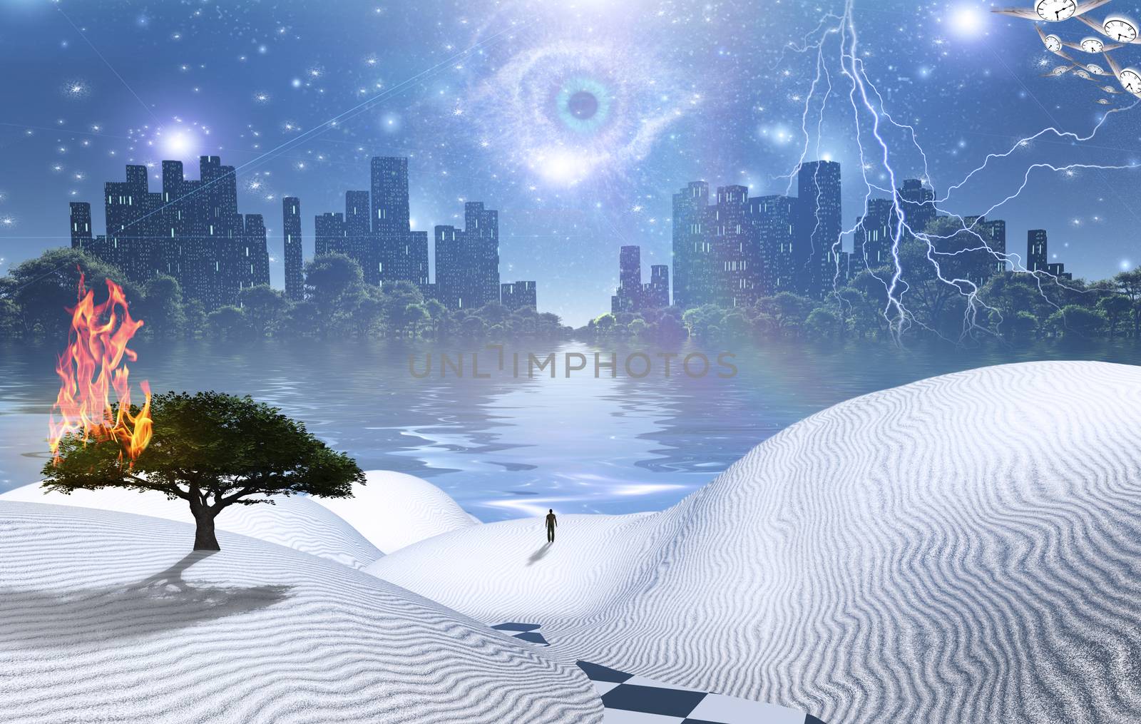 Burning tree on a sand dune. Figure of man in a distance. City in green forest at the horizon. God's eye in starry sky