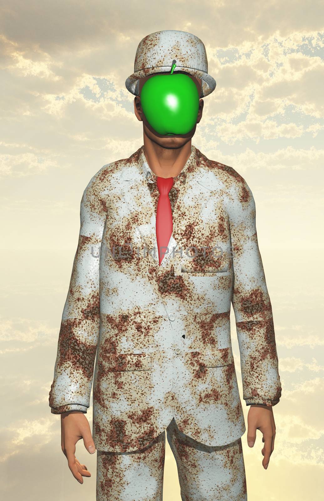 Man in white corroded suit with obscured face