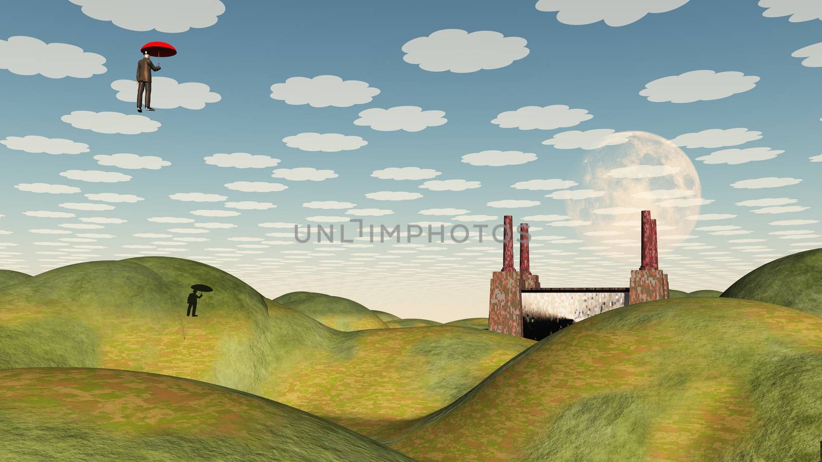 Surreal Factory with Floating Man