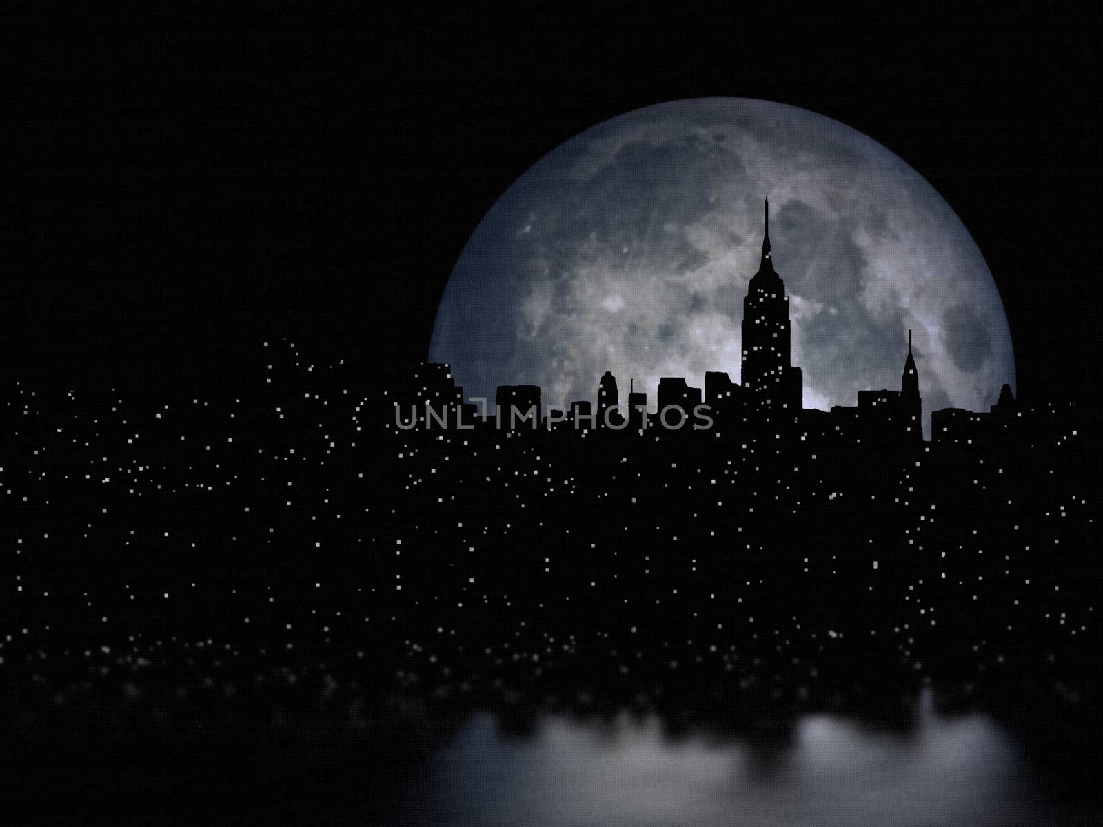 NYC Cityscape reflects in the moon. 3D Rendering