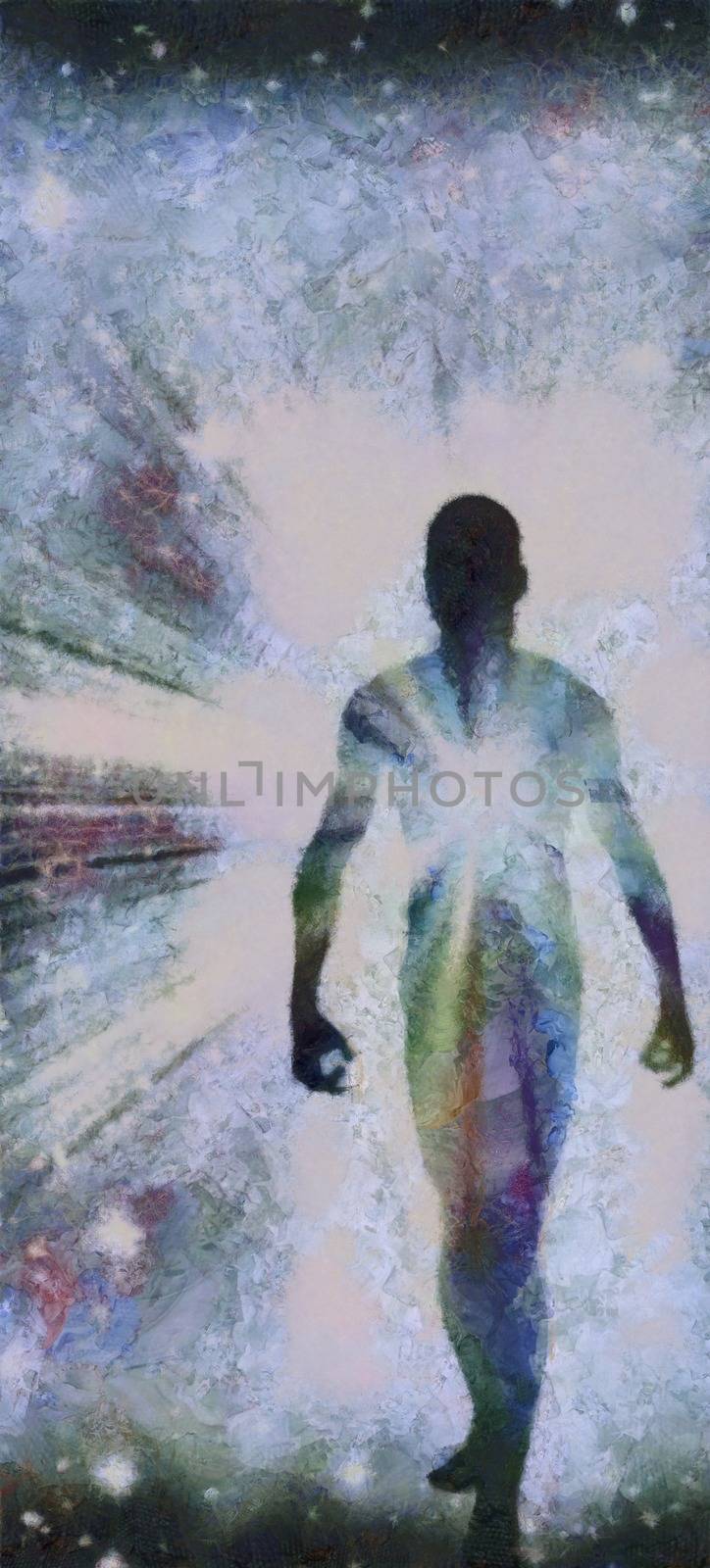 Human silhouette with bright light. Soul or spirit. Digital painting