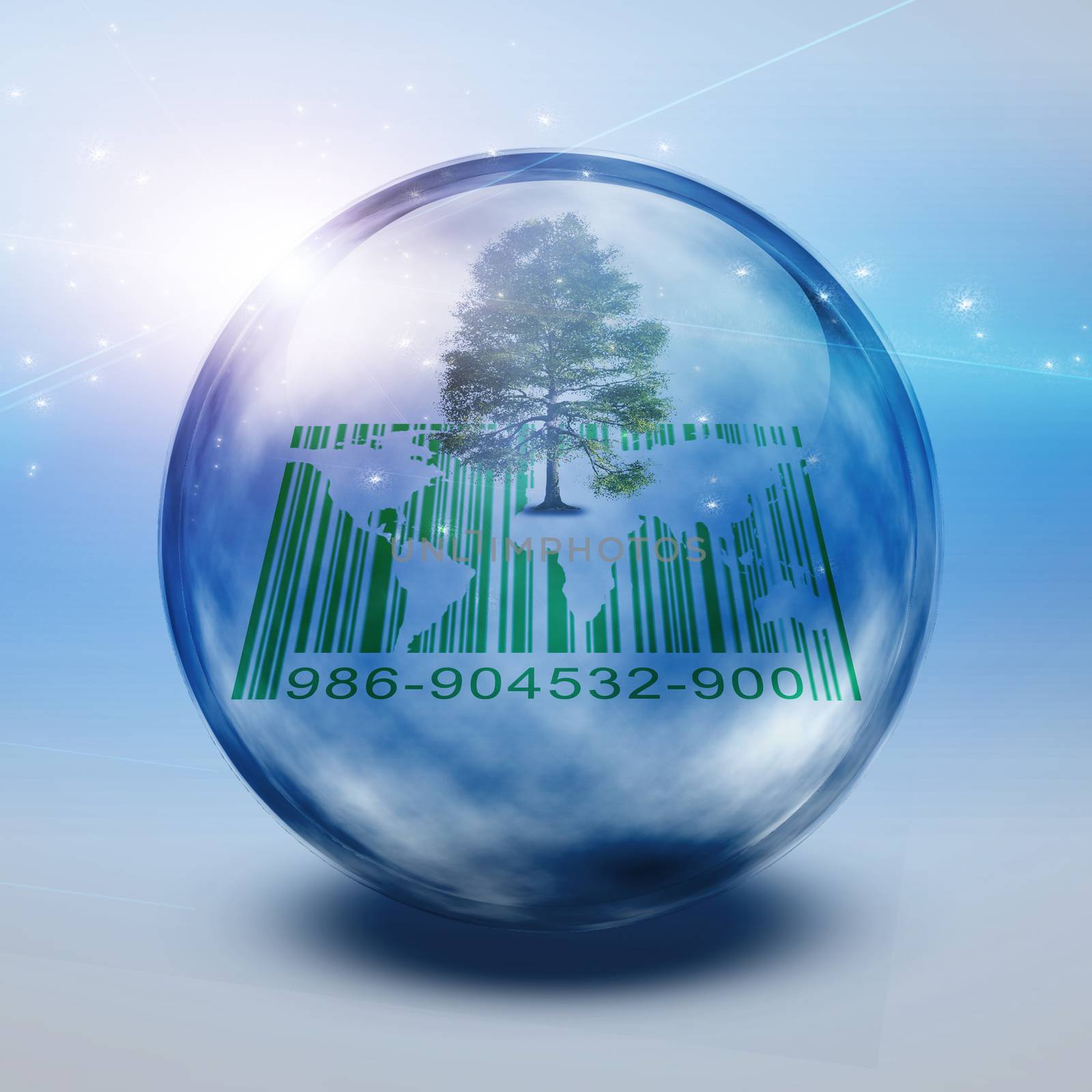 Green tree and barcode inside bubble