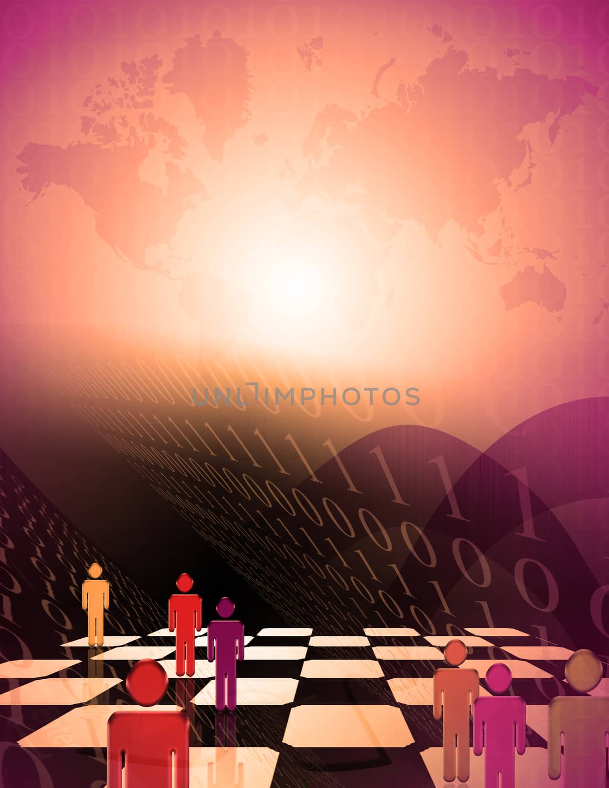 Digital space. Symbolic human figures on a chess board. Binary code