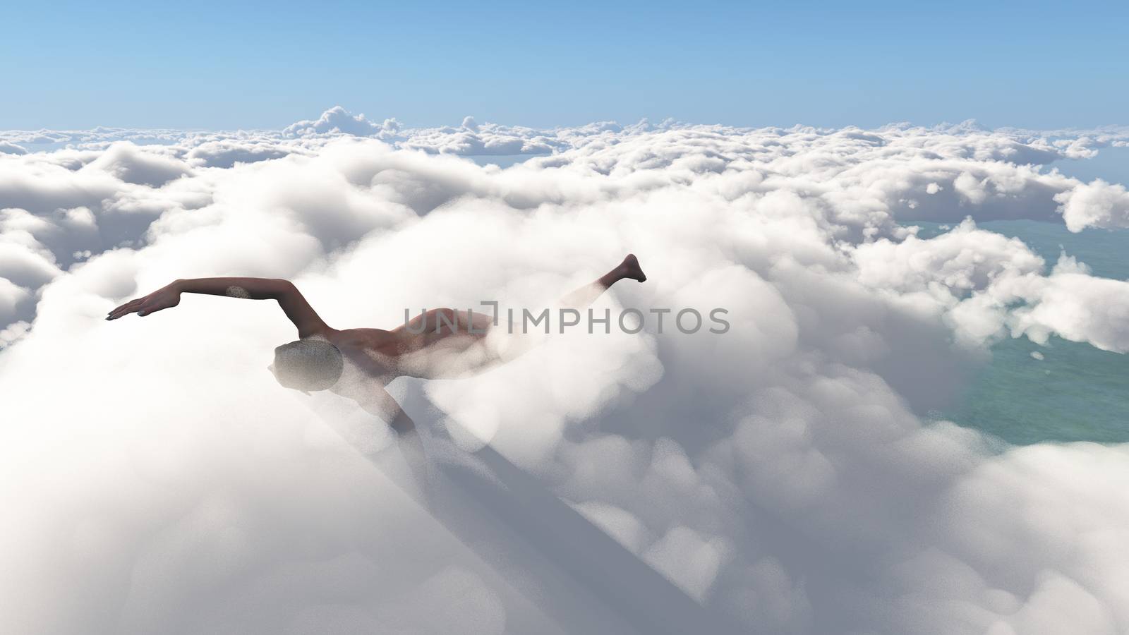 Woman swims in the clouds