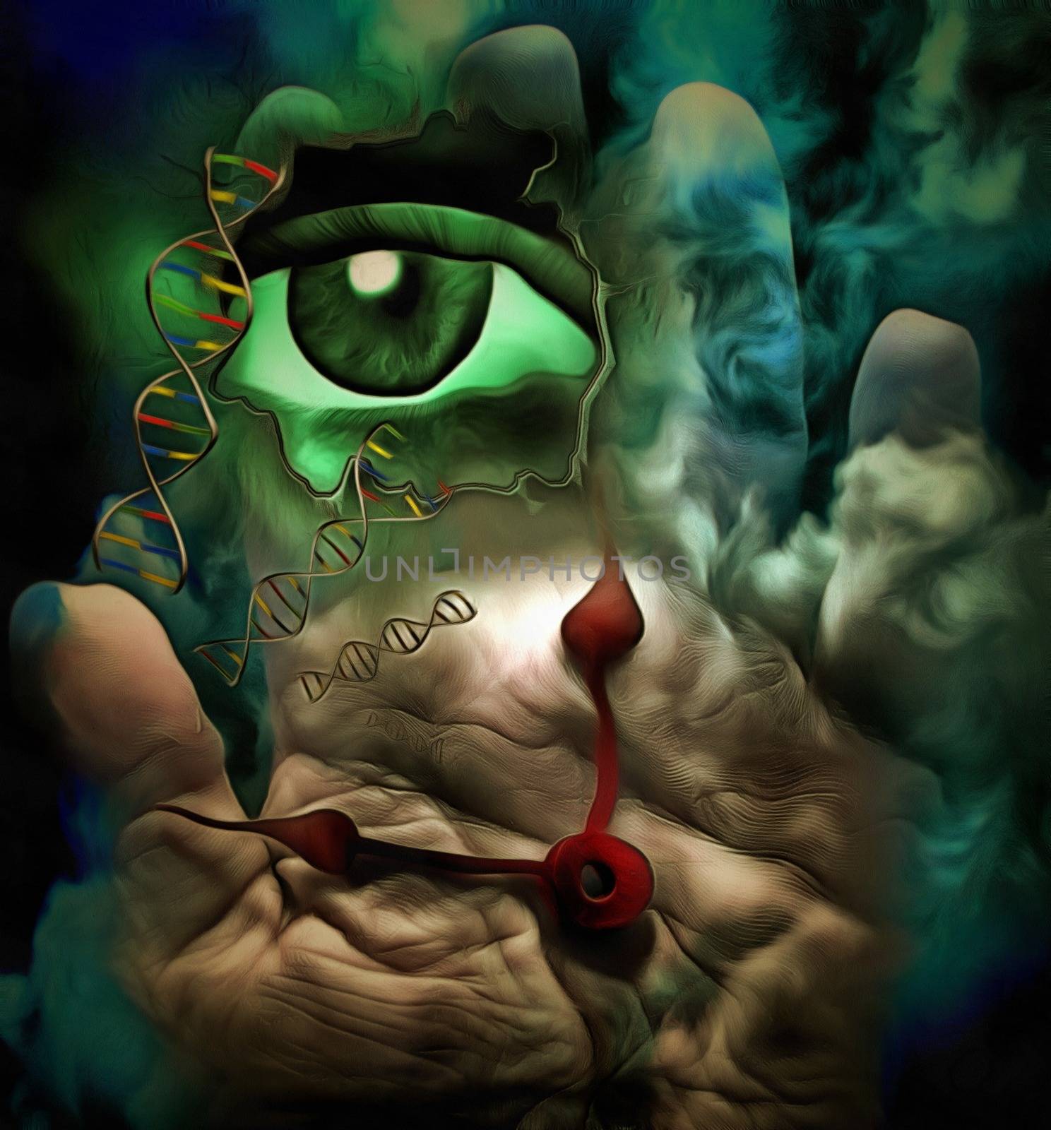 Surrealism. Hour hands, dna chain and eye.