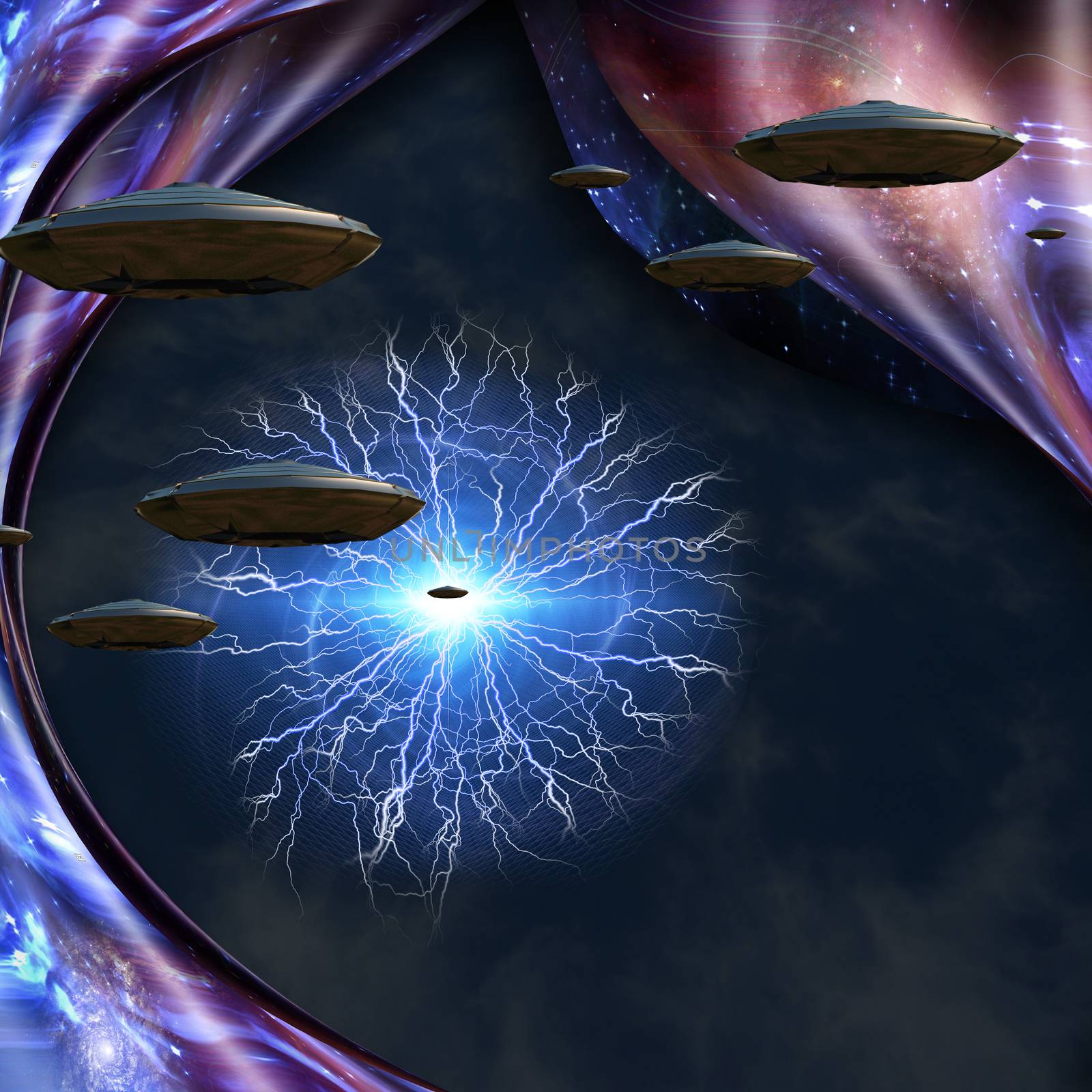 Flying saucers in deep space. Warped space