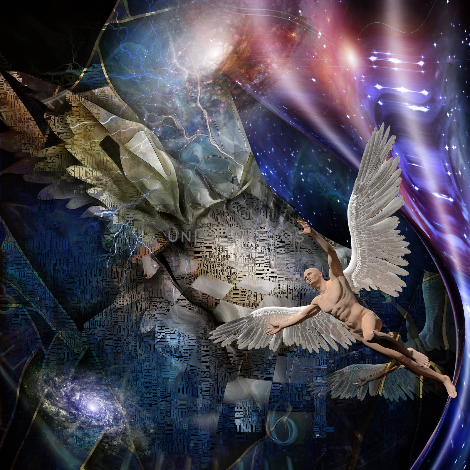 Complex surreal painting. Warped space. Naked man with wings represents angel. Spiral of time.