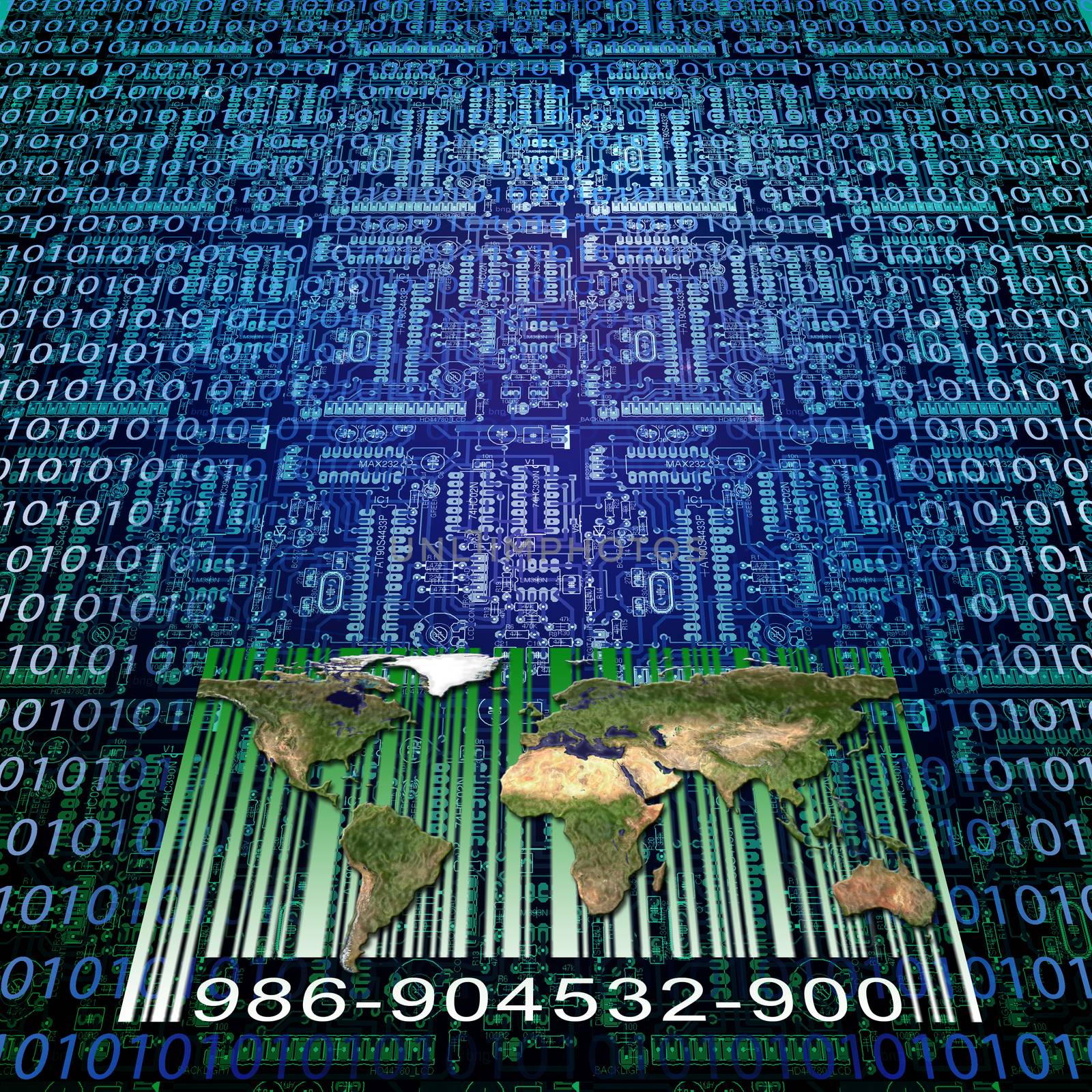 Binary code, world map and bar code.