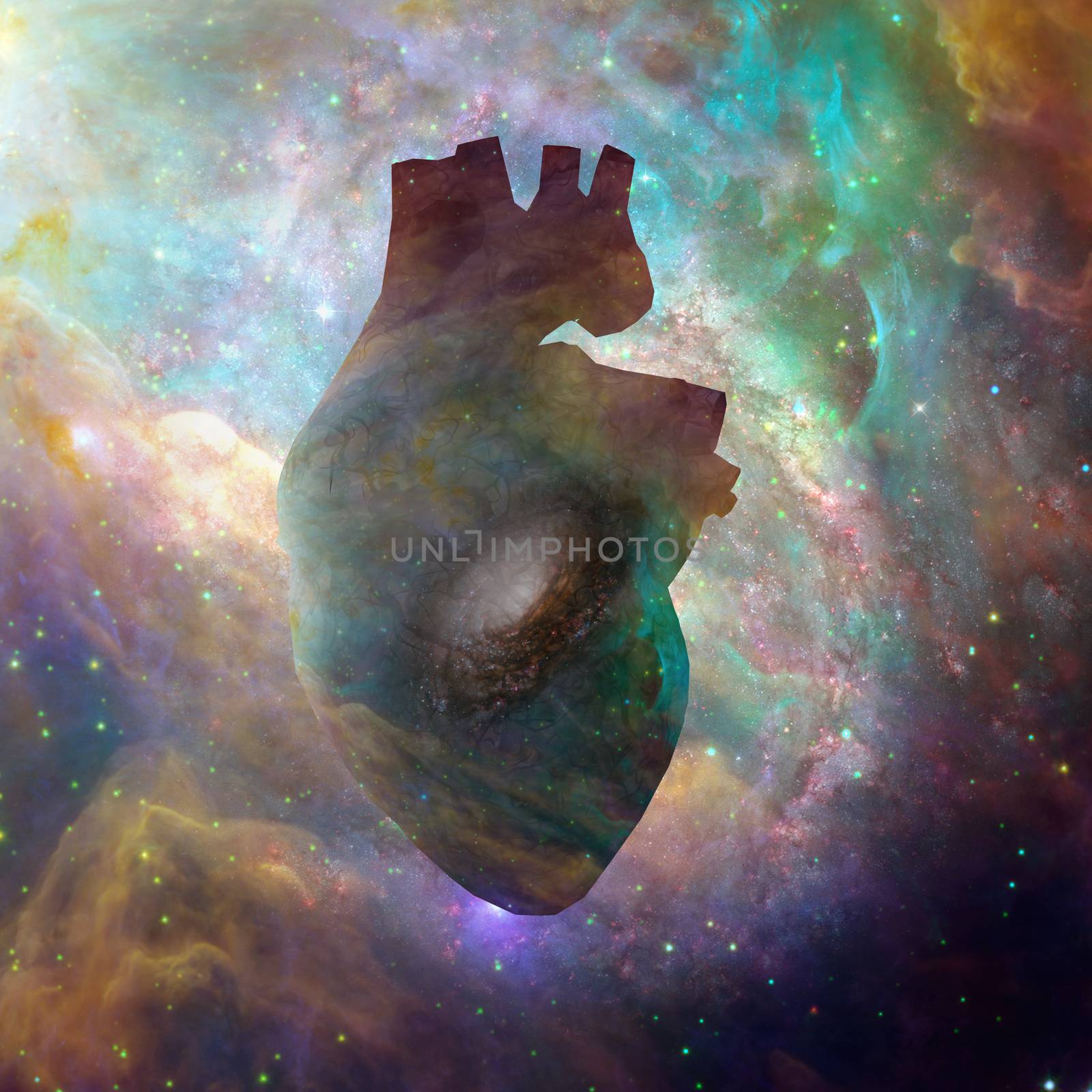 Interstellar Heart. Vivid nebulae. 3D rendering