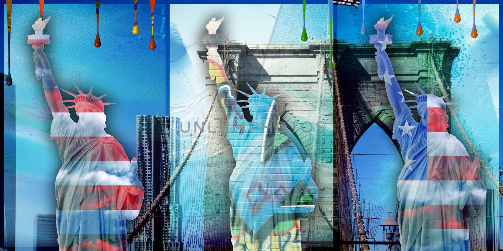 Surreal digital art. Brooklyn bridge and Liberty statue on New York's cityscape. Giant moon, pieces of graffiti and paint drops. 3D rendering