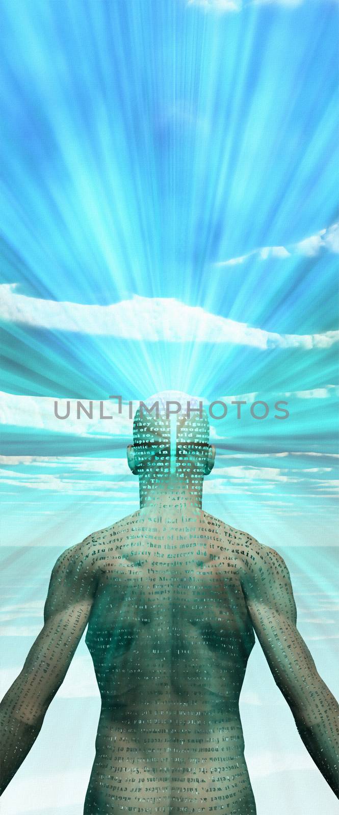 Man radiates light from text on his skin. The text is from HG Wells The Time Machine and has been iin the public domain for many decades, no relaese needed. 3D rendering