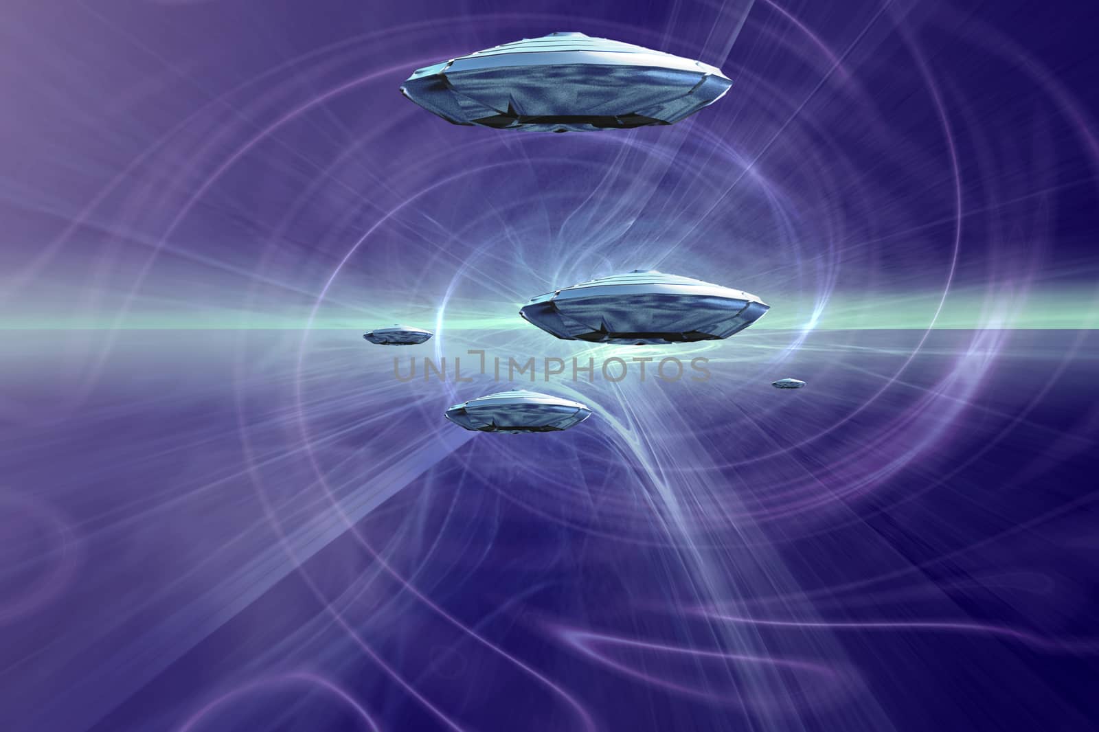 Spaceships in hyperspace. Flying saucers. 3D rendering