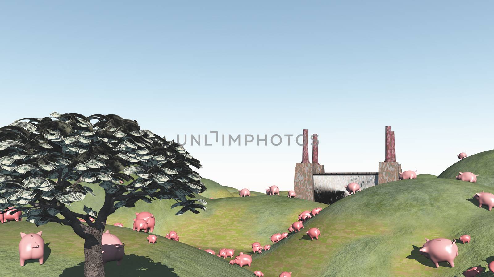 Pigs move like lemmings toward factory. 3D rendering