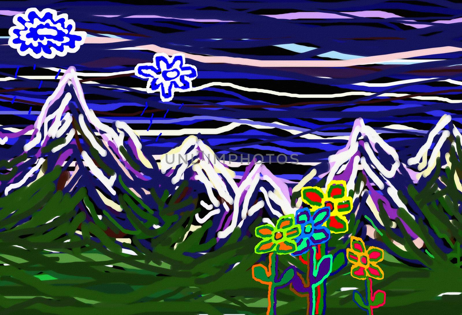 Child's Painting. Mountains Landscape. Childish imagination. 3D rendering