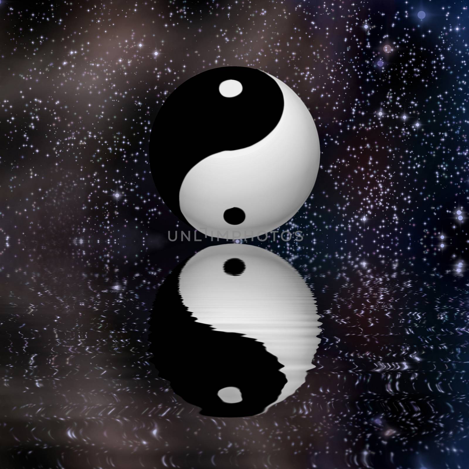 Yin Yang and Stars Reflects in the water. 3D rendering