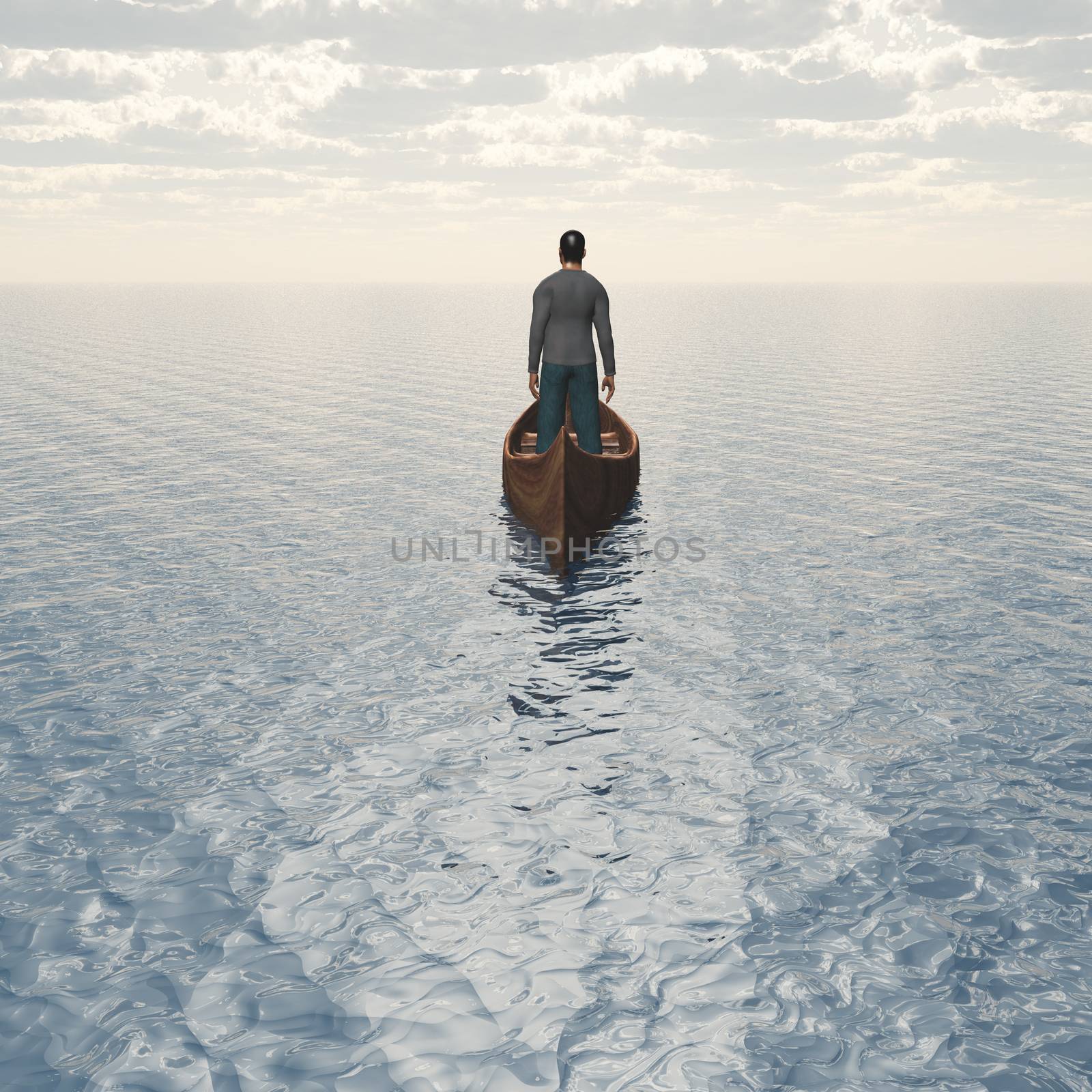 Man in canoe on the high seas. 3D rendering