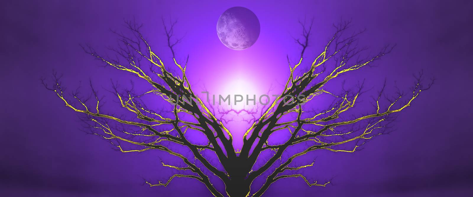 Mystic Tree of Life. Moon in the Sky. Sunset or Sunrise. 3D rendering
