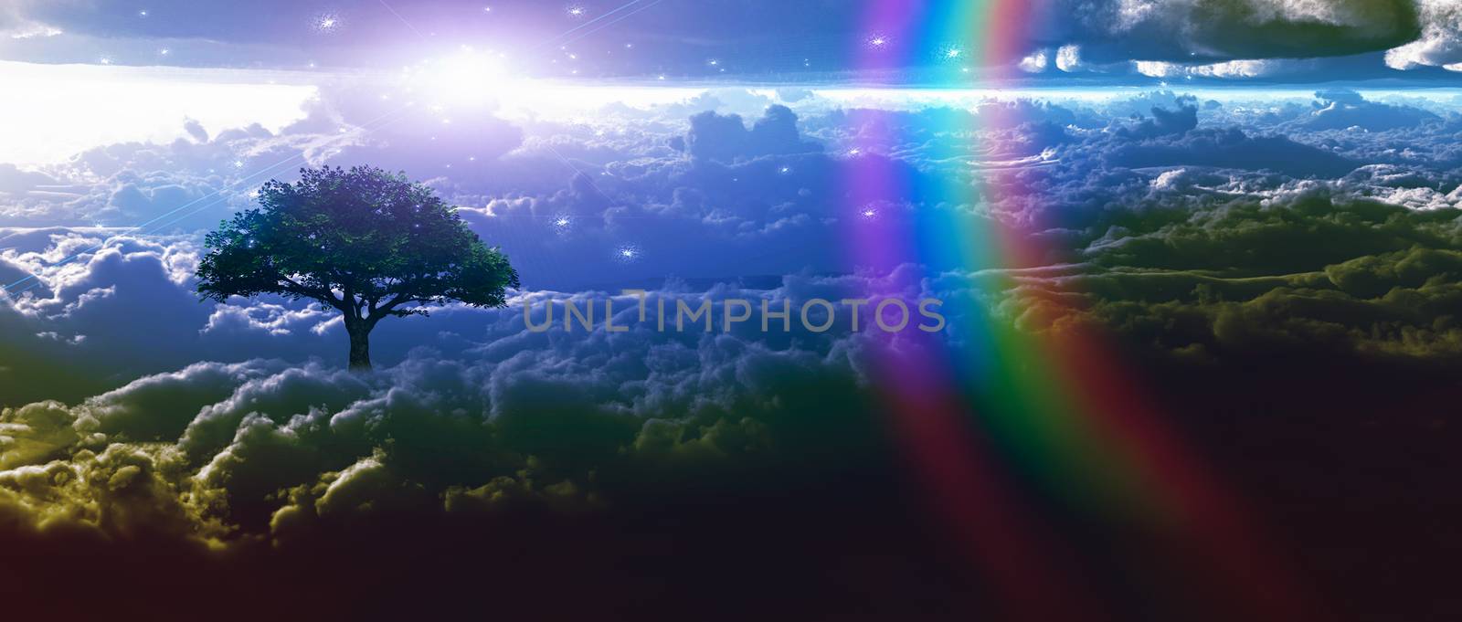 Sunrise above the clouds. 3D rendering