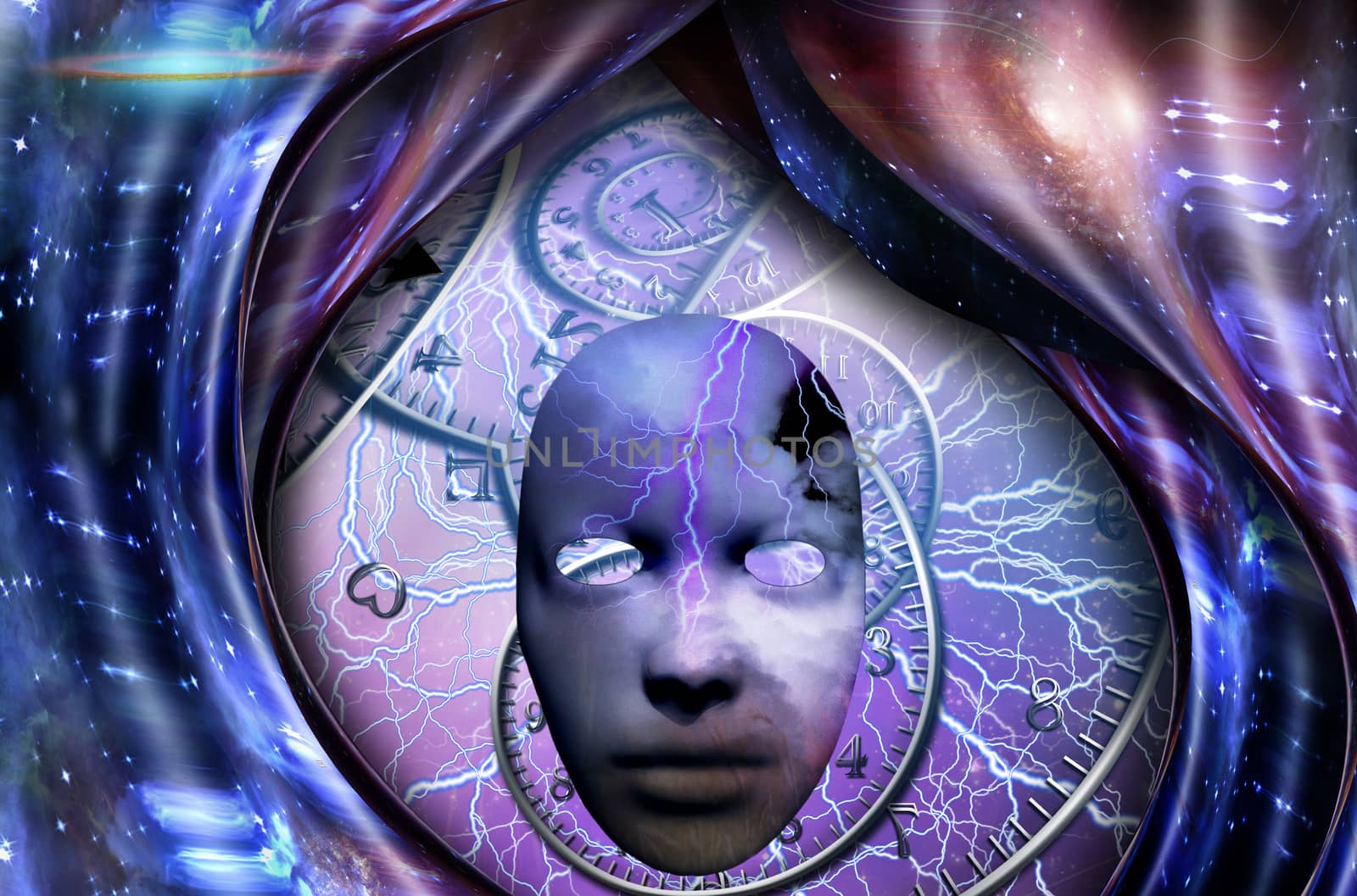 Surrealism. Mask with lightning. Spirals of time and warped space. 3D rendering