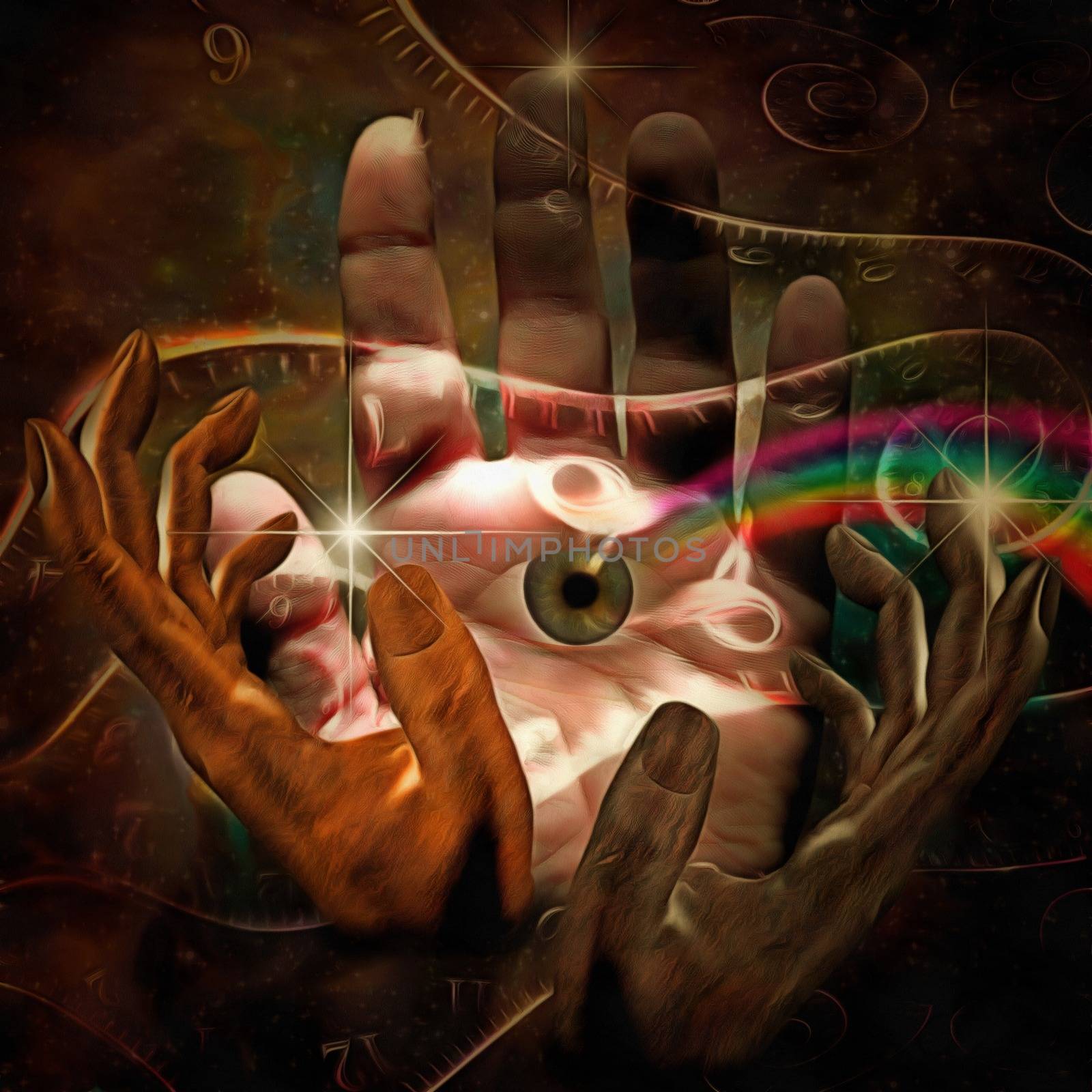 Surreal painting. Hands of prayer. Eye and hand of God. Spirals of time on background. 3D rendering