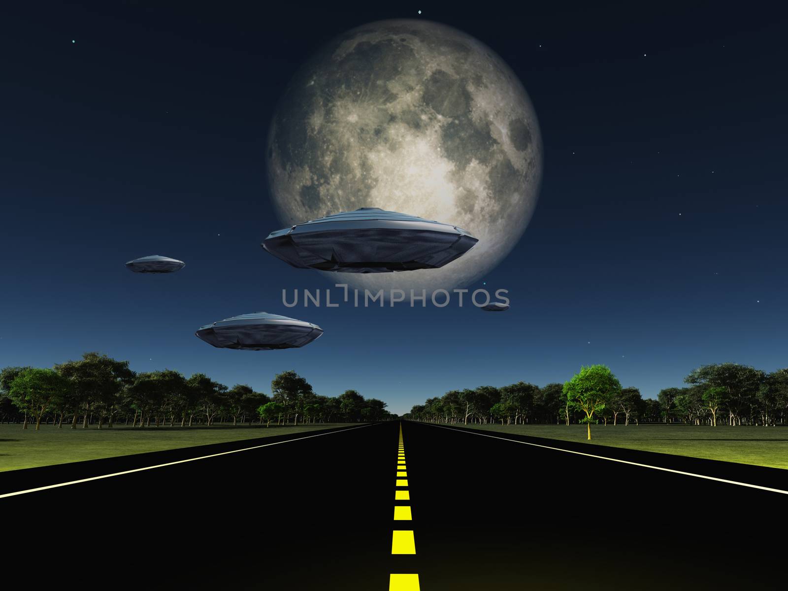Full moon seen from earth. Flying saucers over the highway. 3D rendering