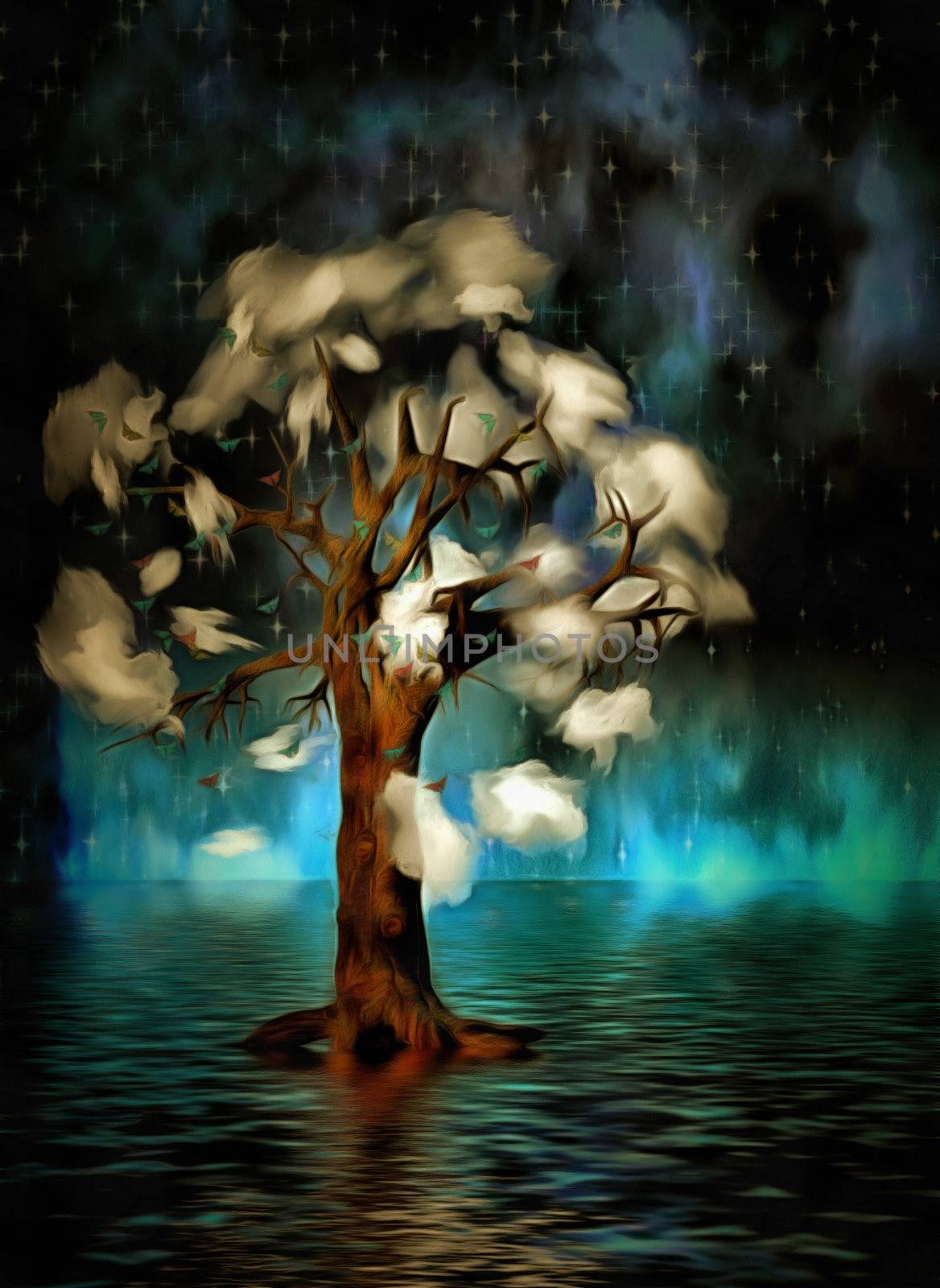 Surreal painting. Old tree with clouds and butterflies on a branches stands in water. 3D rendering
