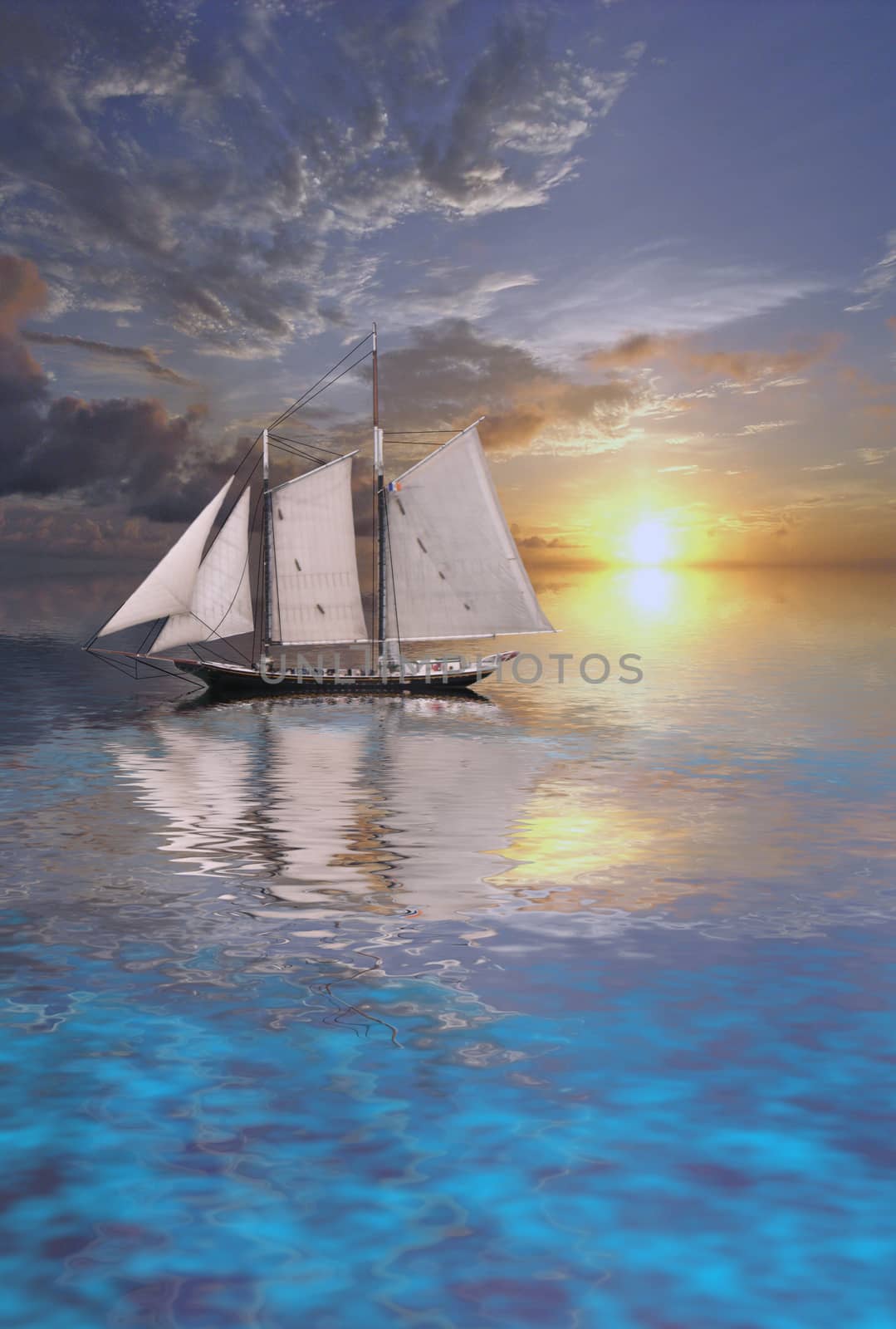 Sunset Cruise. Sailboat floats on calm water. 3D rendering