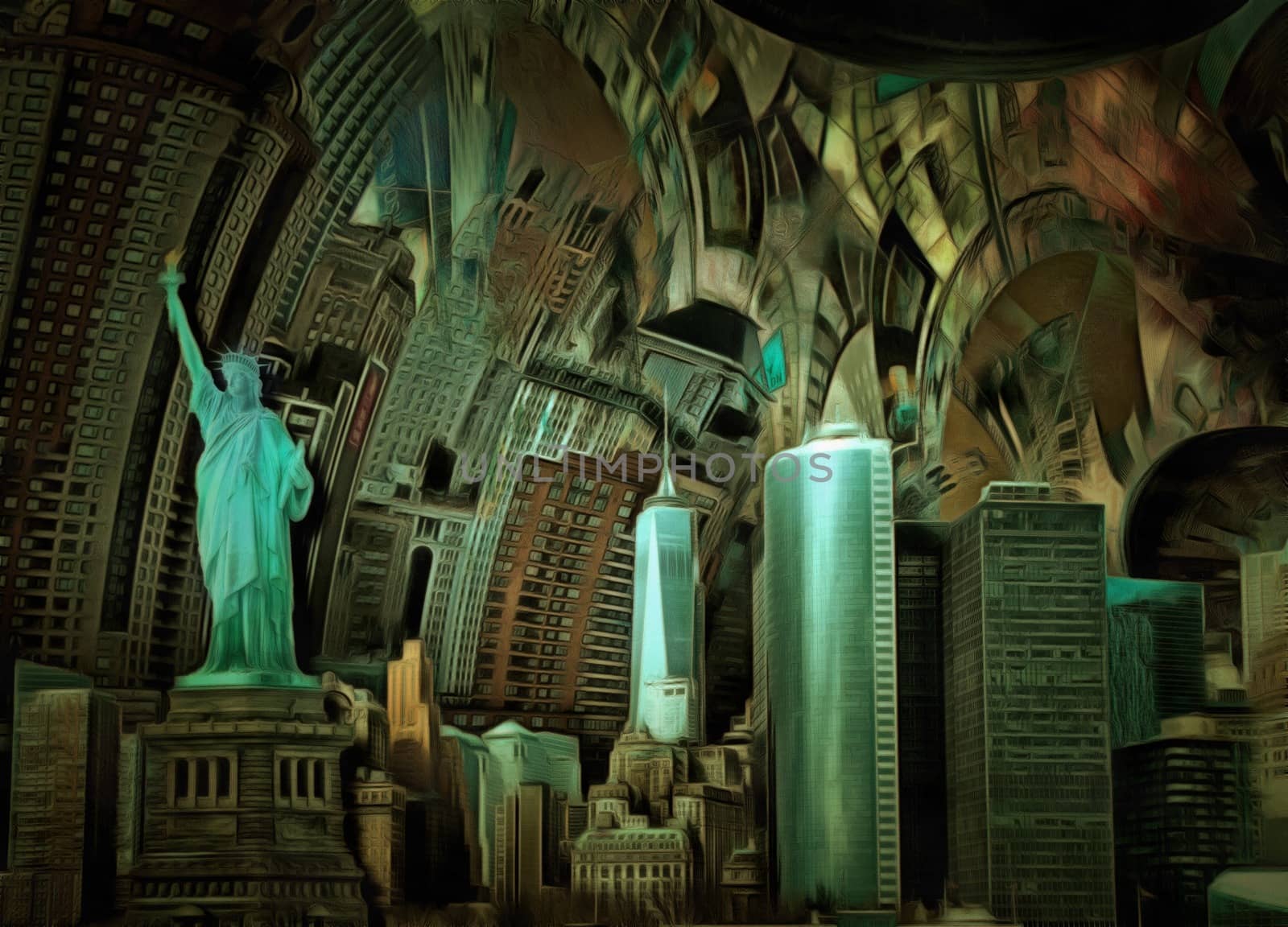 Manhattan, downtown. Digital painting. Surreal art. 3D rendering
