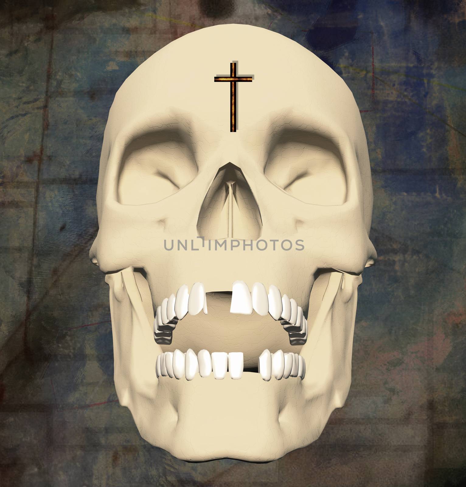 Dark art. Spiritual composition. Holy Death. Shining skull with wings and cross. 3D rendering