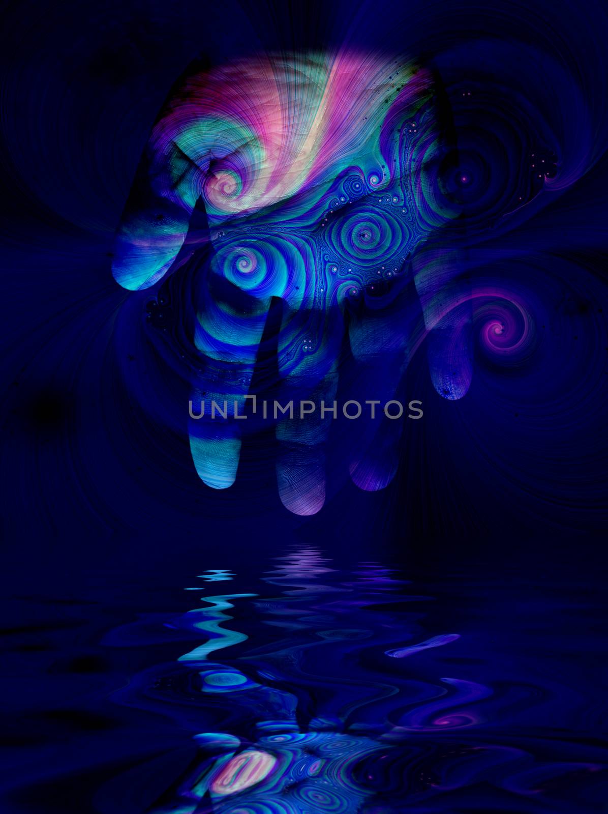 Surreal digital art. Swirling lines and palm reflected in the water. 3D rendering