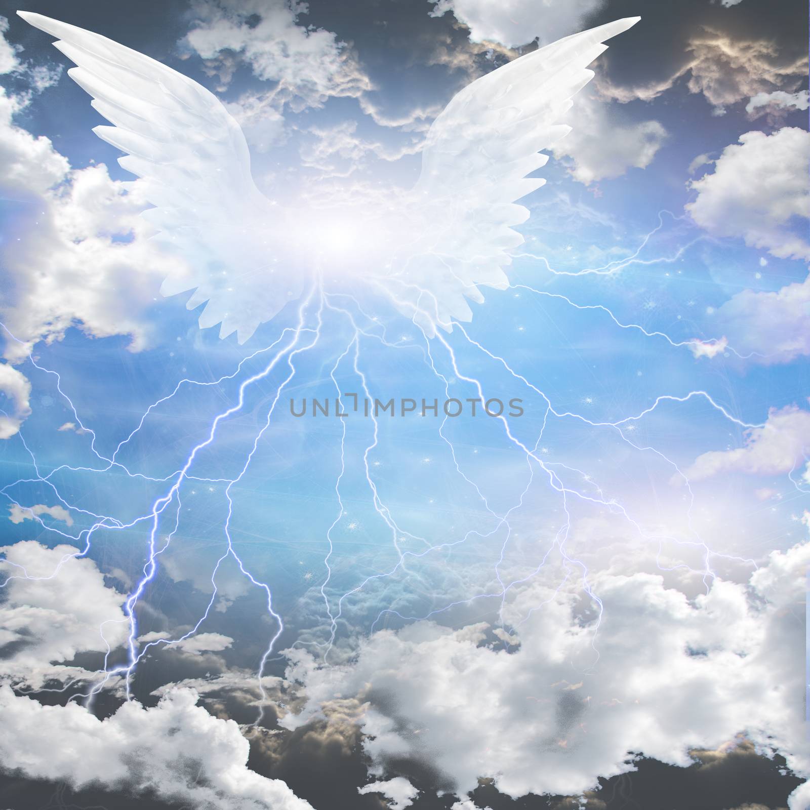 Angel wings emits lightnings in cloudy sky. 3D rendering