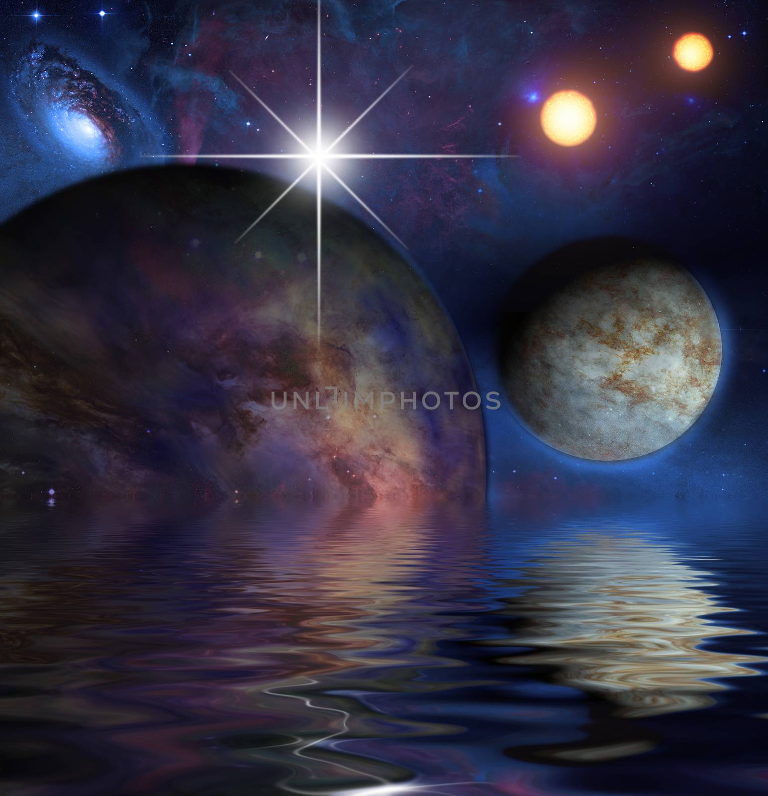 Exosolar Planets Rise over quiet waters. 3D rendering